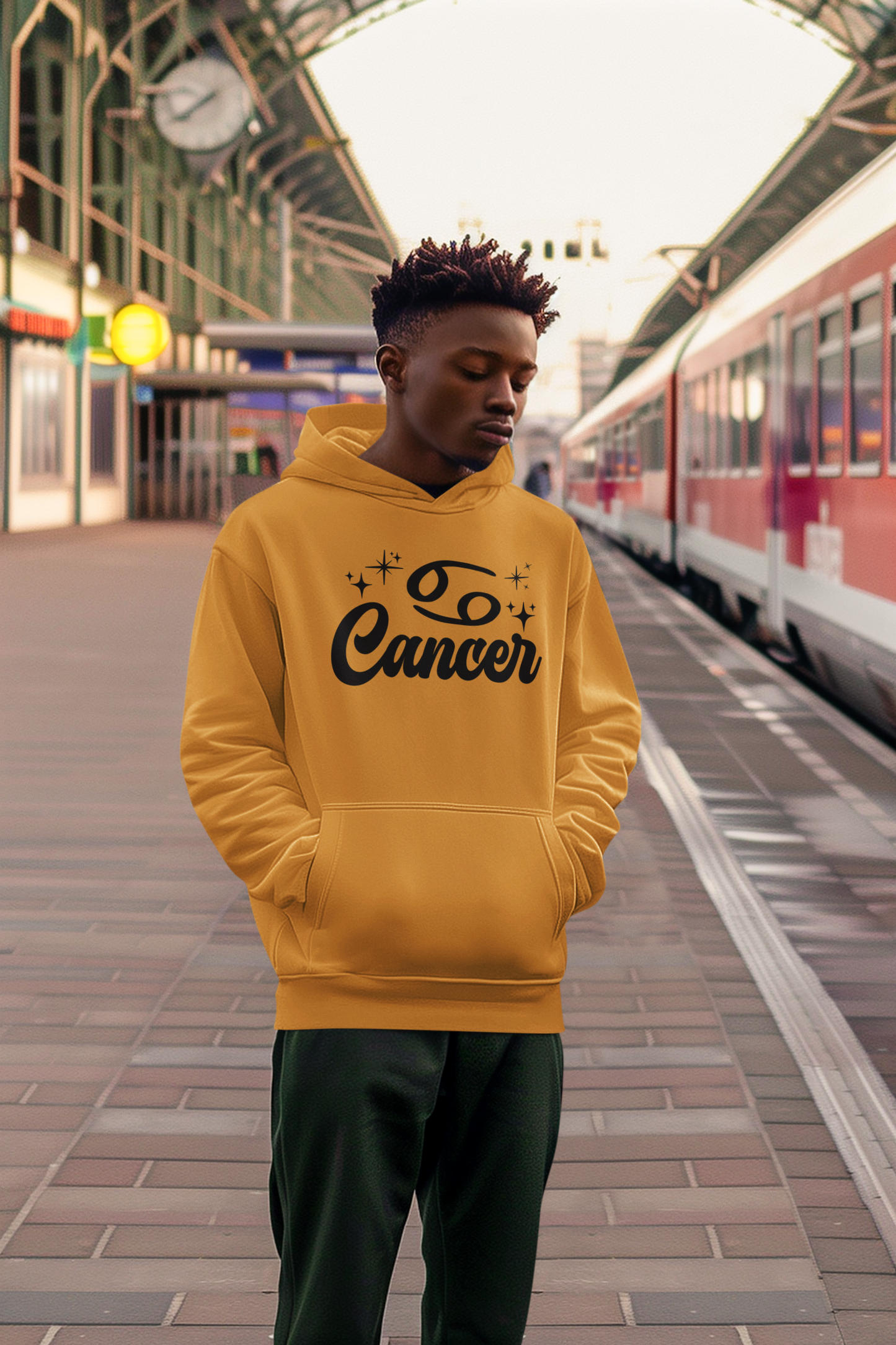 Person wearing an gold hoodie with 'Leo Cancer' black text at a train station.