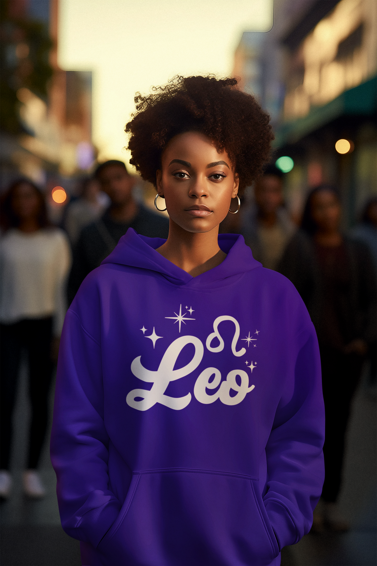 Person wearing a purple hoodie with 'Leo' white text design, standing in a city street.
