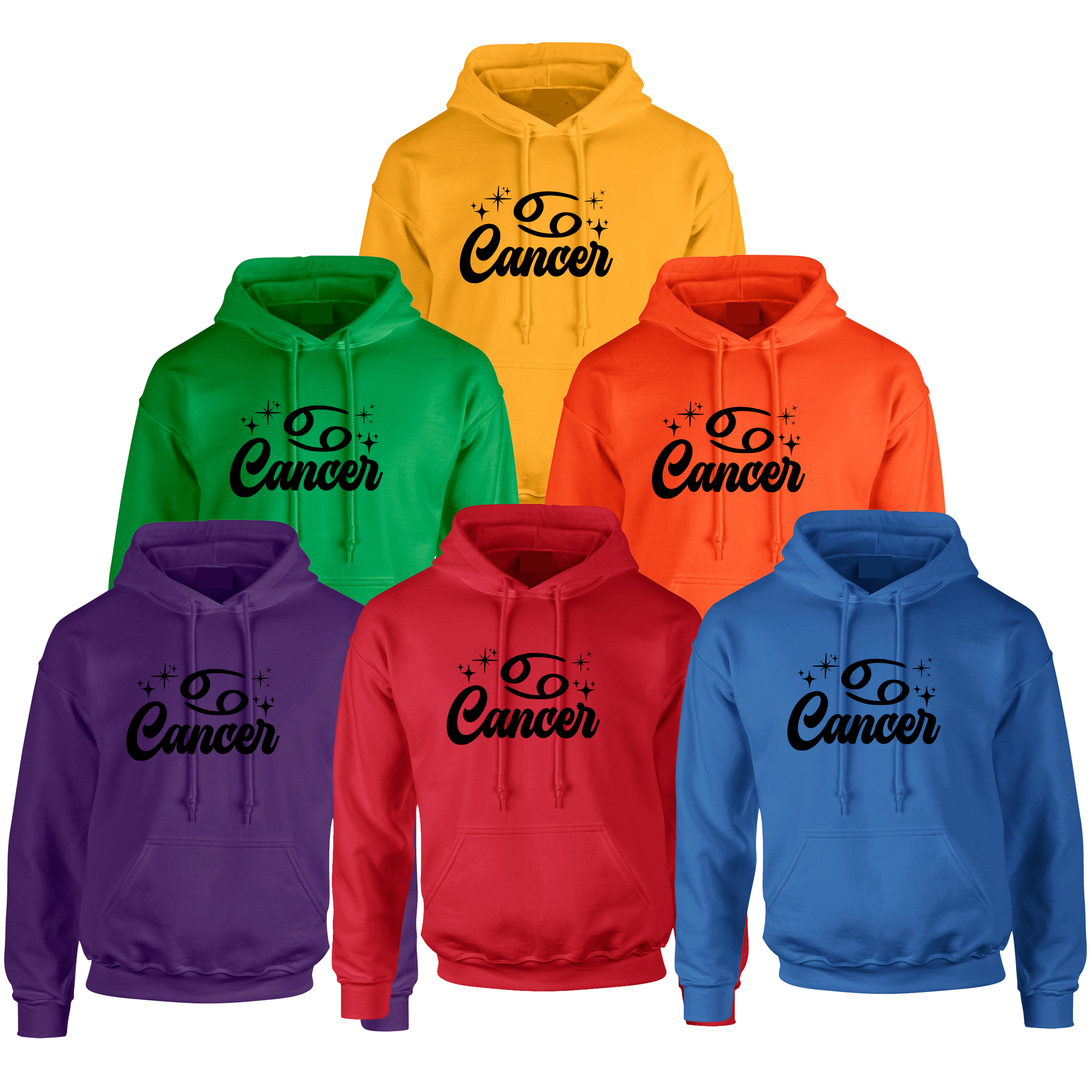 Set of six hoodies in different colors with 'Cancer' black text 