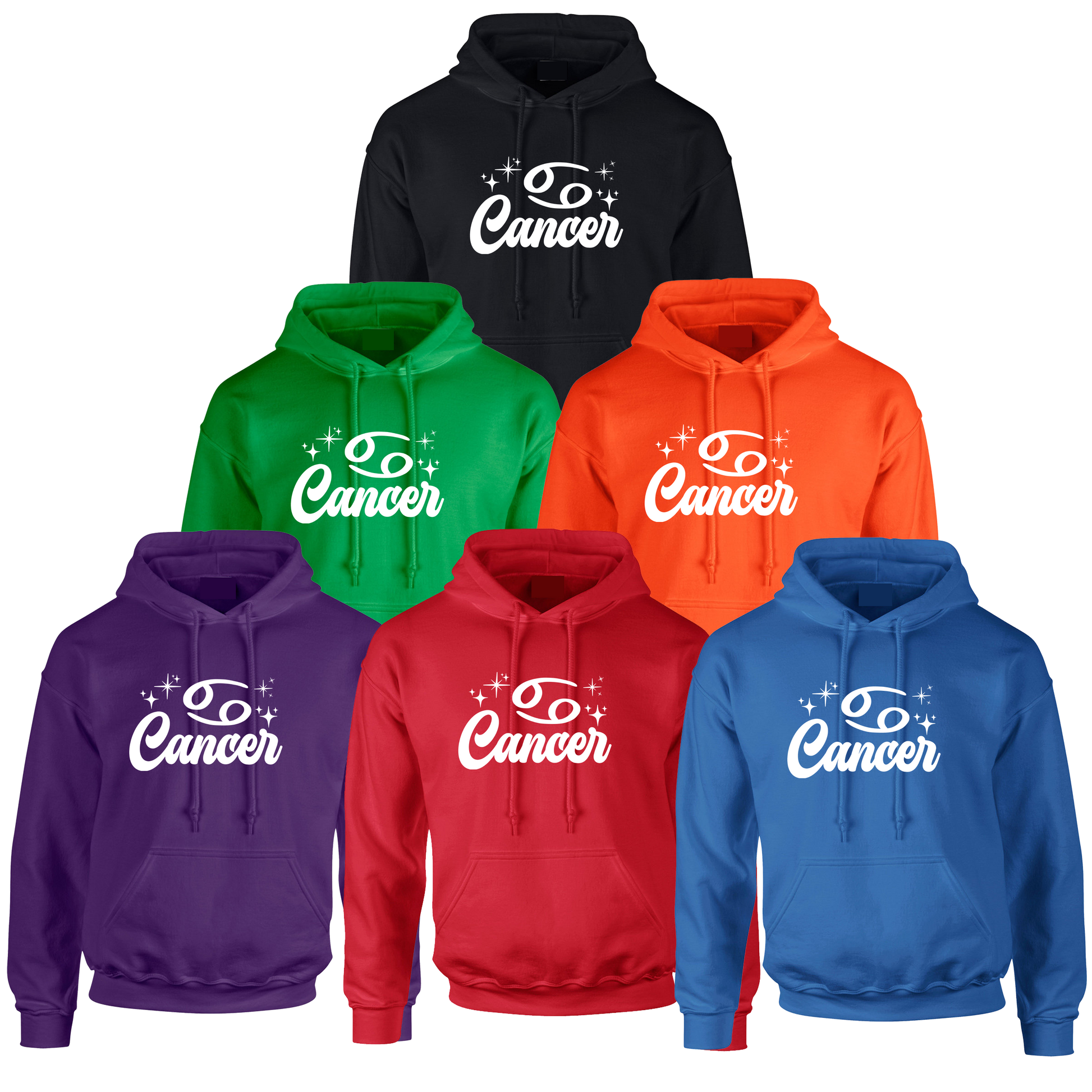 Set of six hoodies in different colors with 'Cancer' white text design 