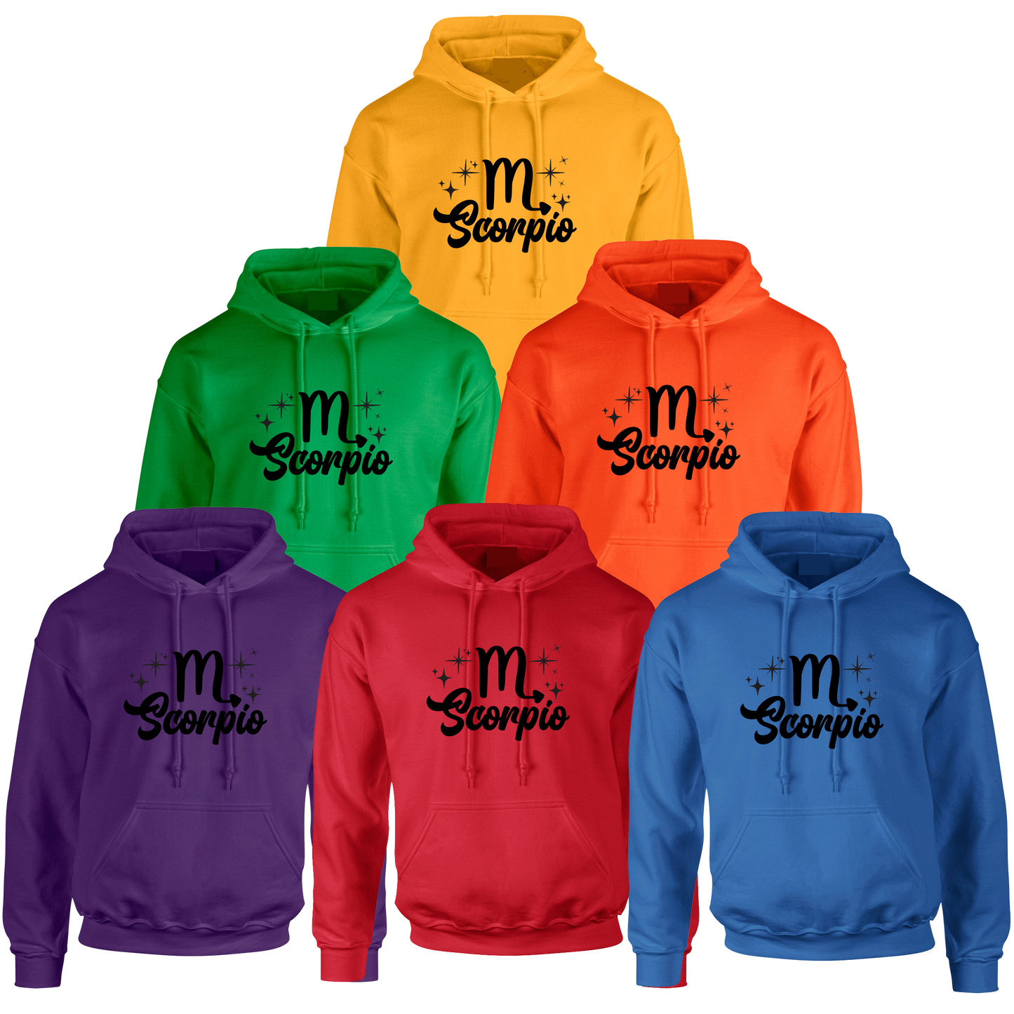 Set of six colorful hoodies with 'Scorpio' black text design
