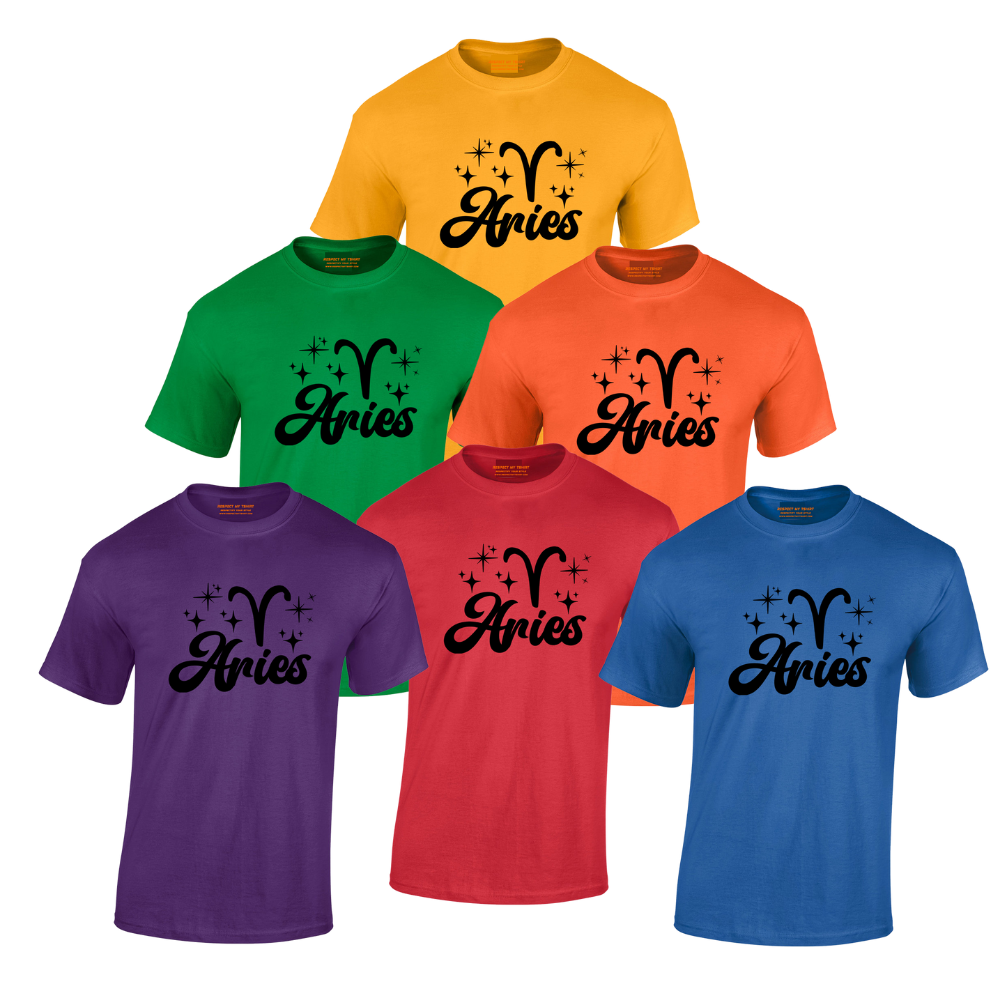 Set of six t-shirts in different colors with 'Aries' black text and zodiac symbol 