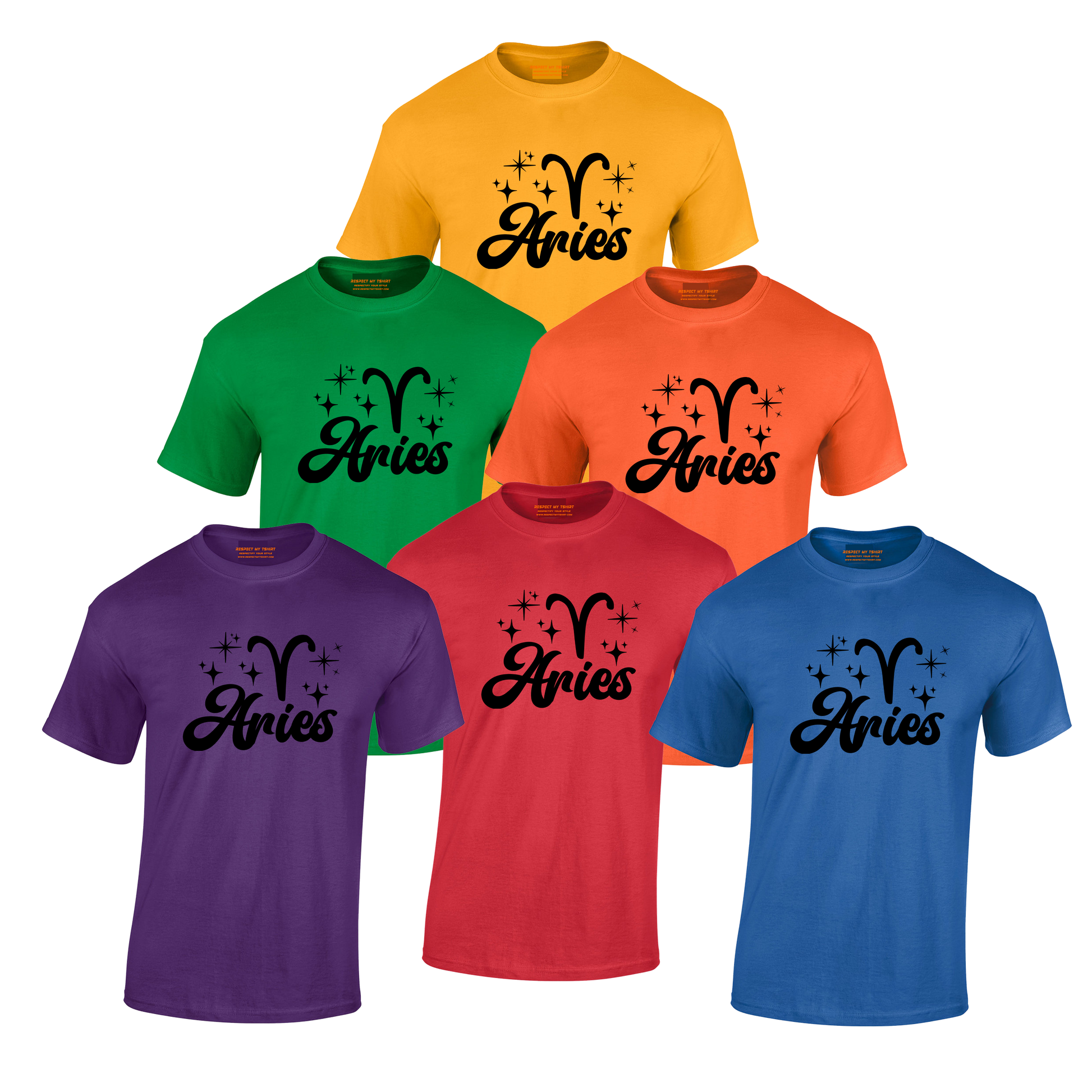 Set of six t-shirts in different colors with 'Aries' black text and zodiac symbol 