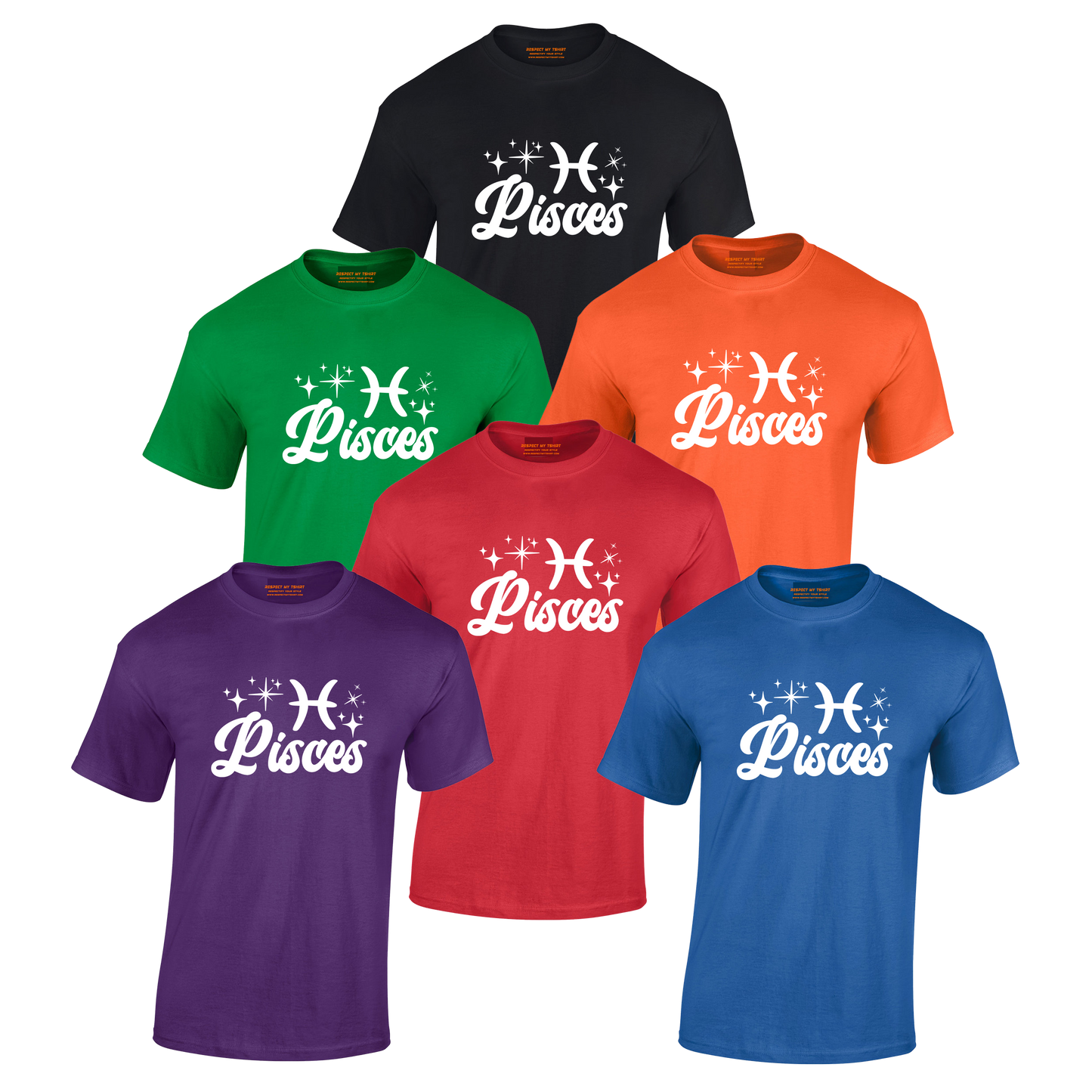 Set of six T-shirts in different colors with 'Pisces' white text design 
