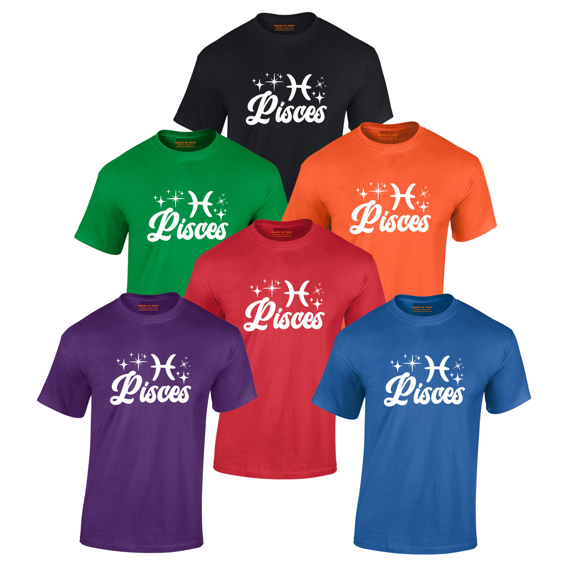 Set of six T-shirts in different colors with 'Pisces' white text design 
