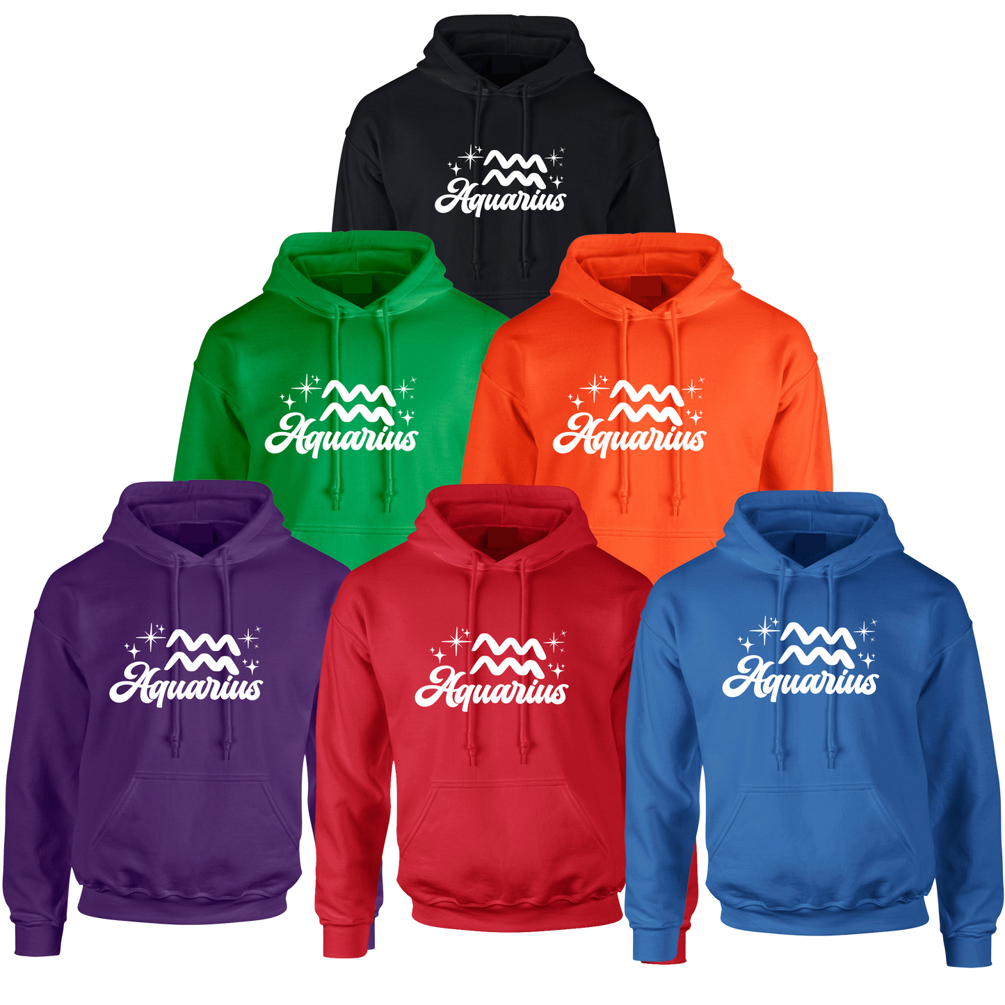 Set of six hoodies in different colors with 'Aquarius with zodiac symbol' white text design.