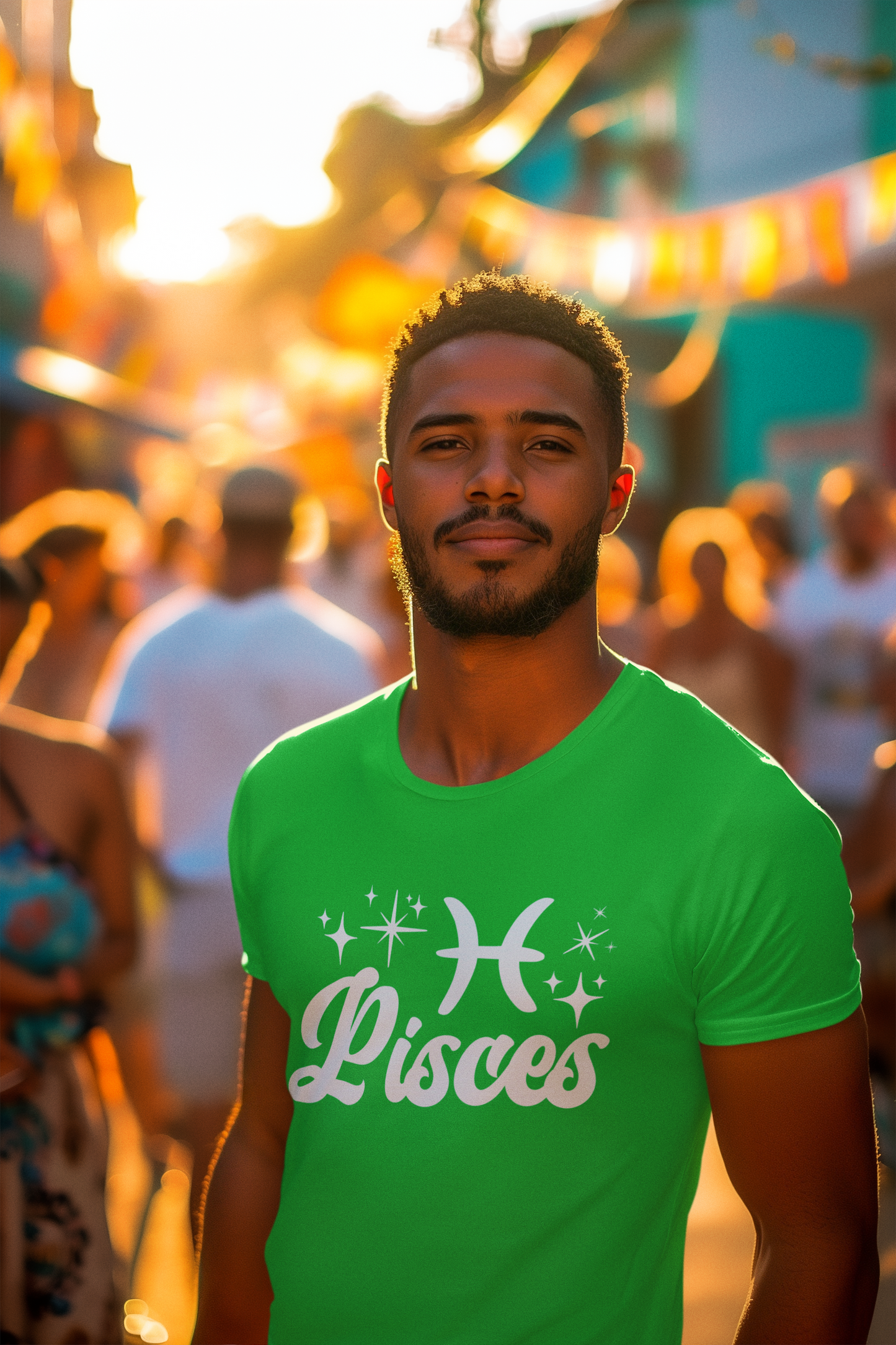 Man wearing a green 'Pisces' white text design t-shirt at a street festival