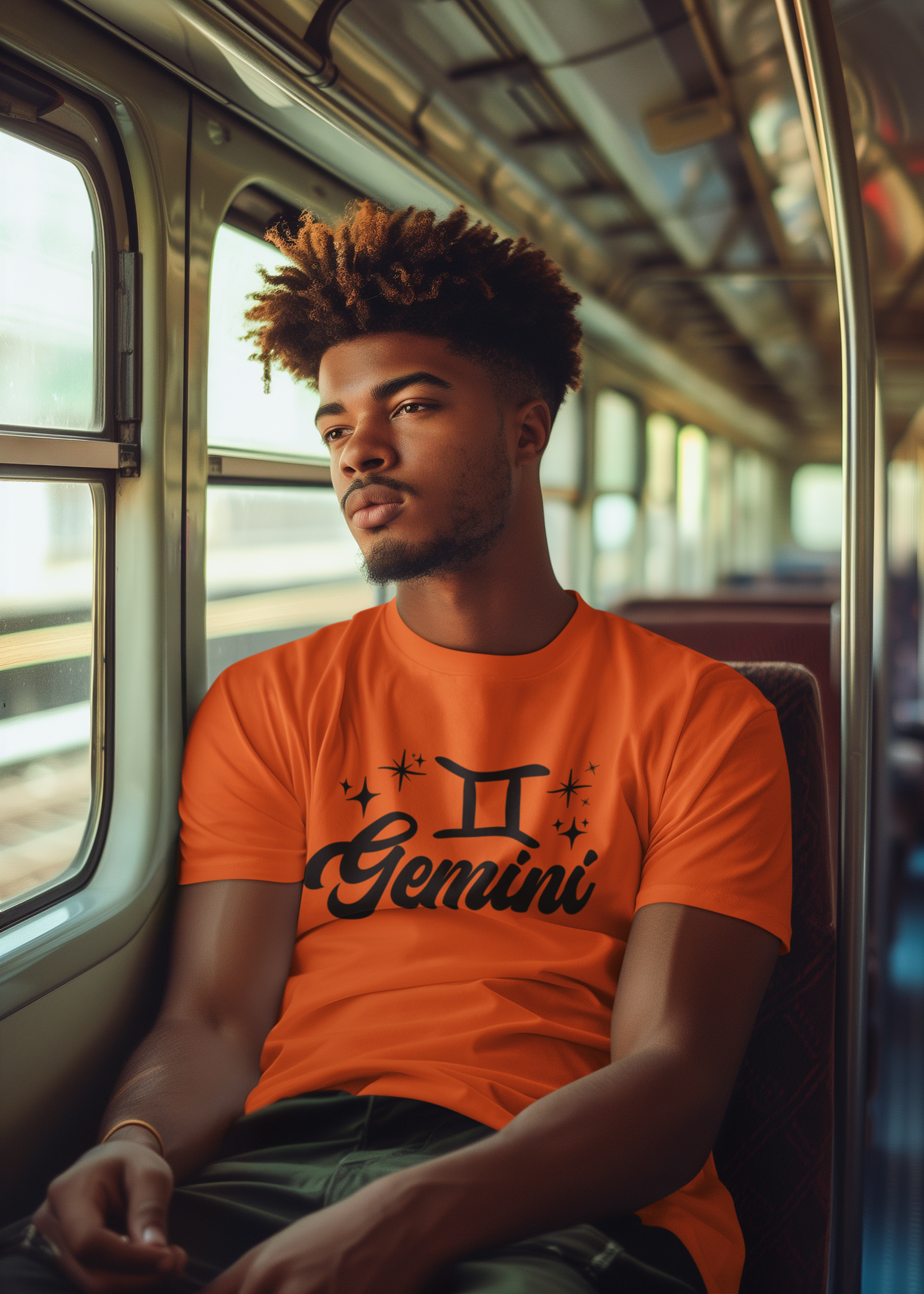 Man wearing a orange 'Gemini' black text design t-shirt on a train