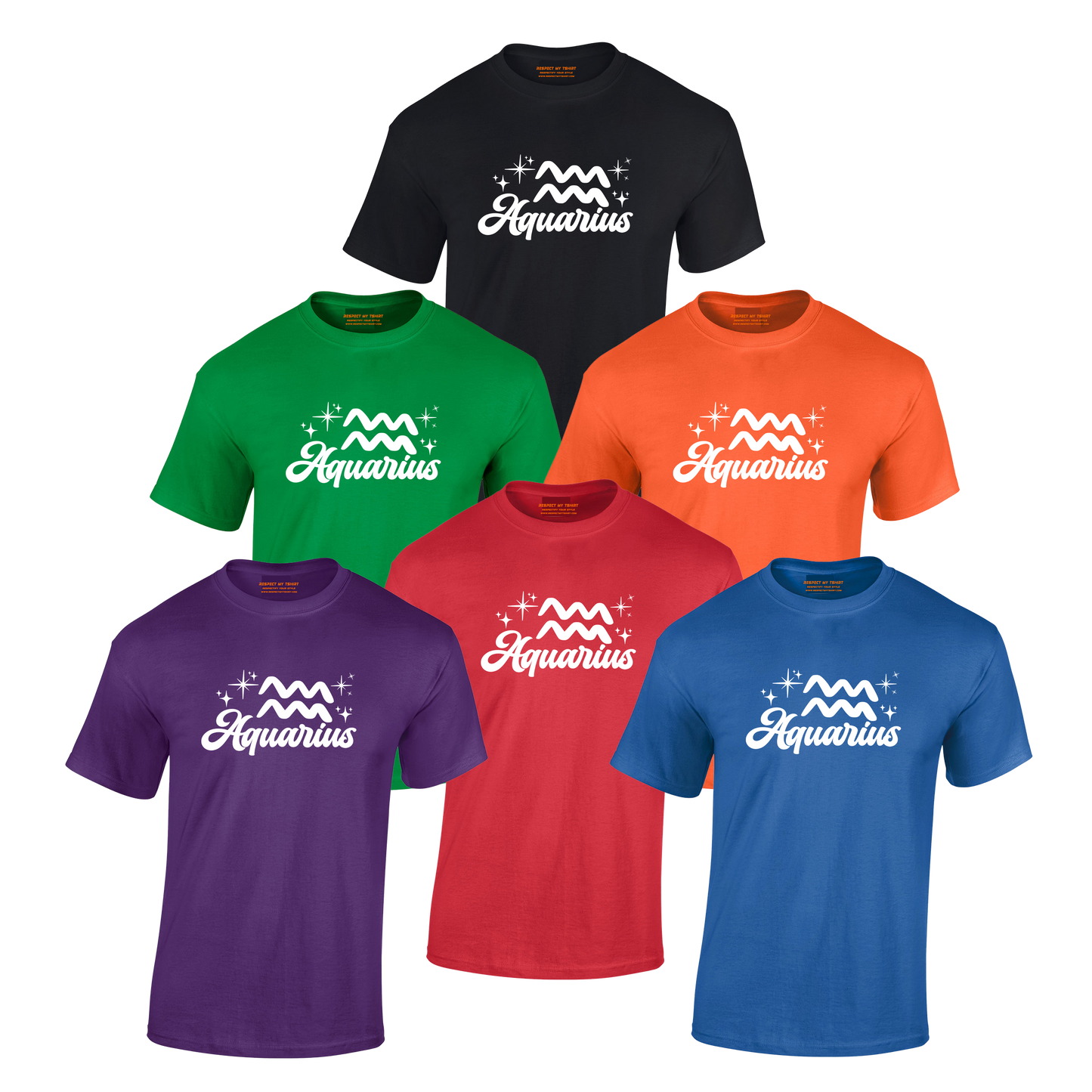 Set of Aquarius-themed t-shirts in various colors with white text