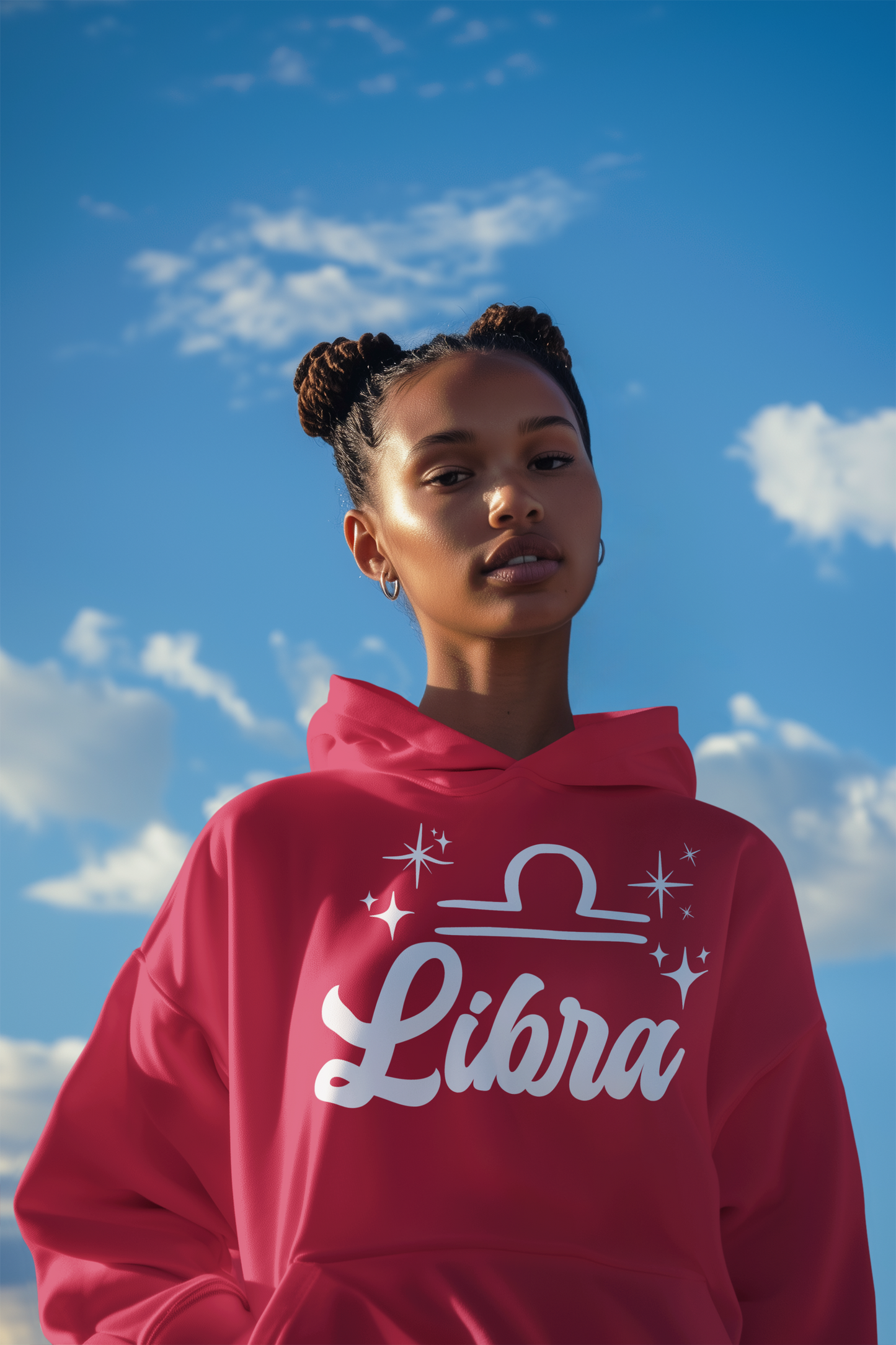 Person wearing a red 'Libra' hoodie - white text design against a blue sky with clouds