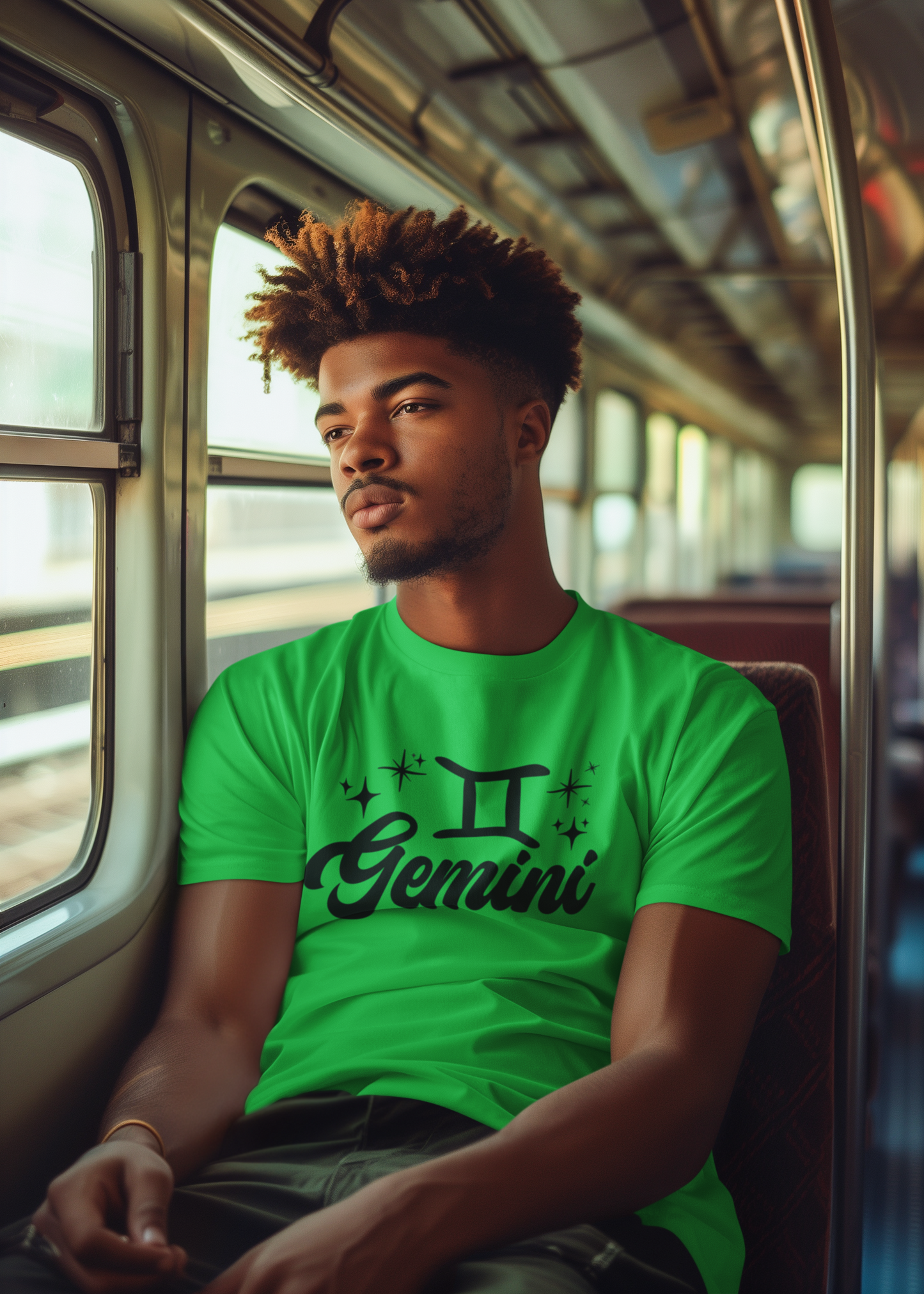 Man wearing a green 'Gemini' black text design t-shirt on a train