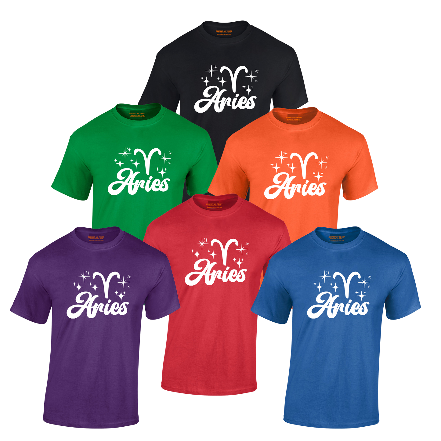 Collection of Aries t-shirts in various colors with white text design