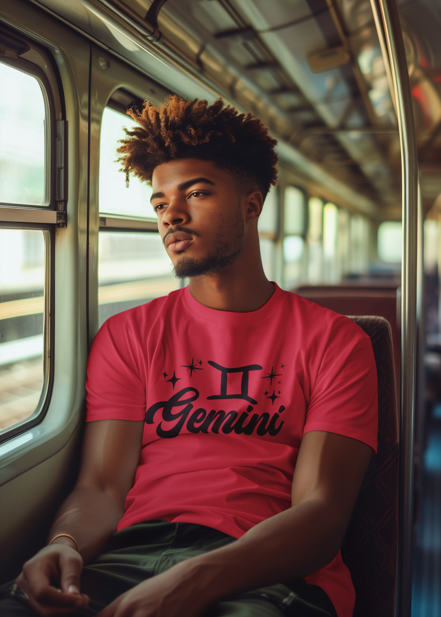 Man wearing a red 'Gemini' black text design t-shirt on a train