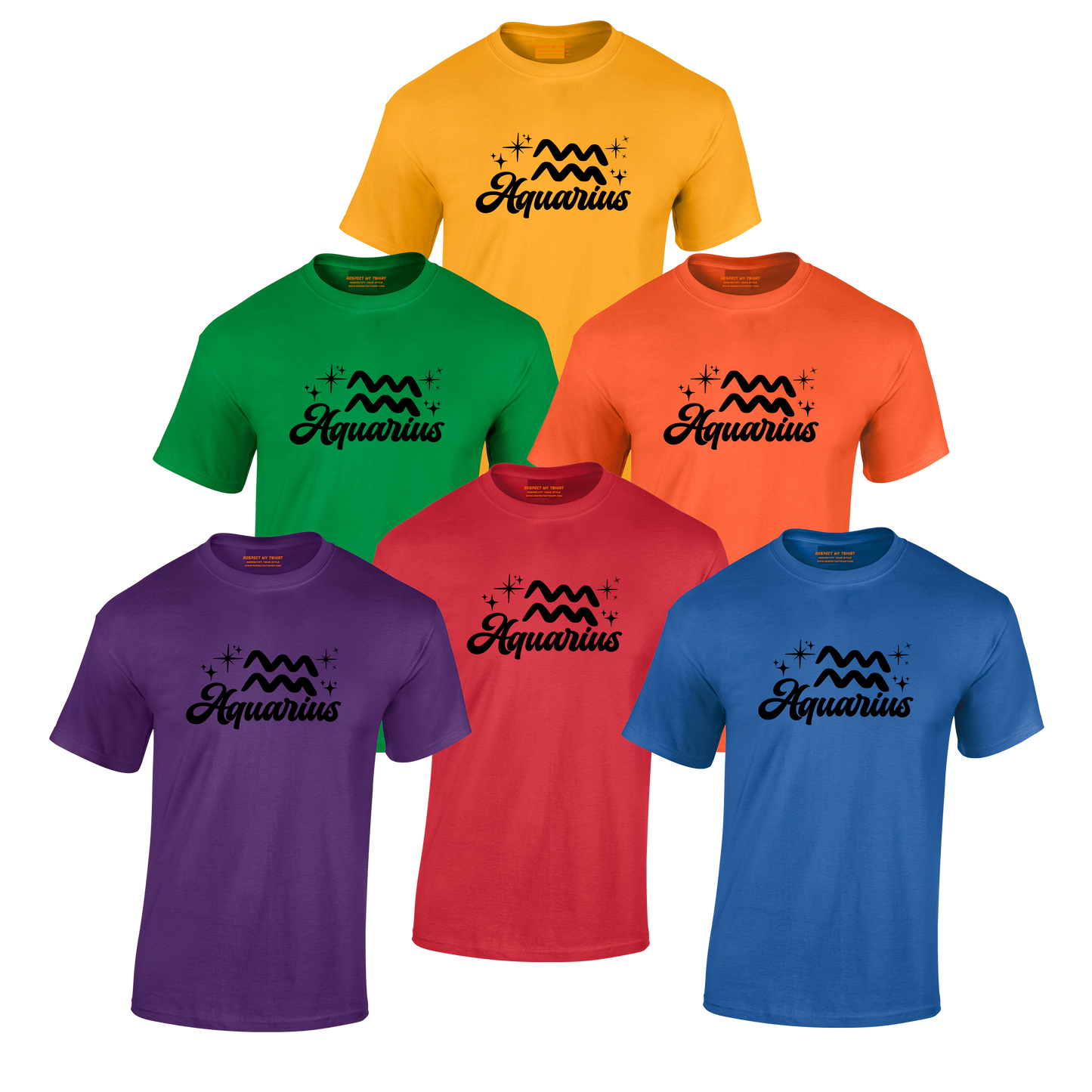 Set of six Aquarius-themed t-shirts black text design in different colors 