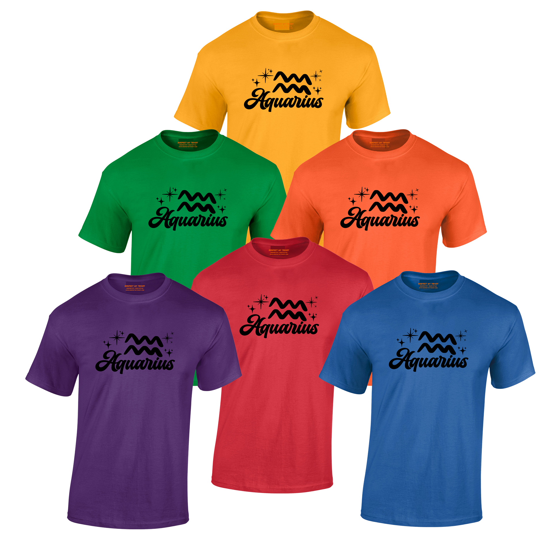 Set of six Aquarius-themed t-shirts black text design in different colors 