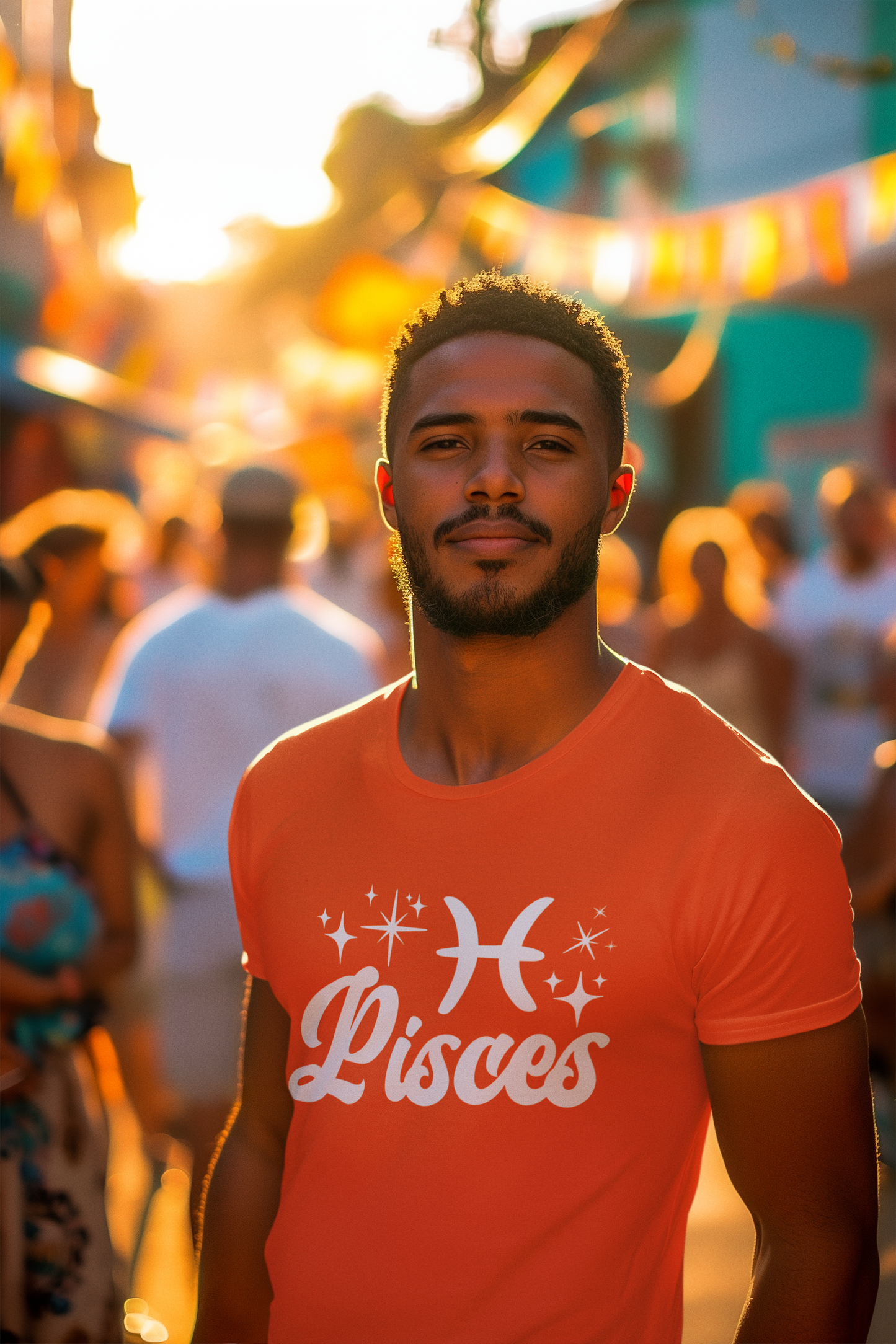 Man wearing a orange 'Pisces' white text design t-shirt at a street festival