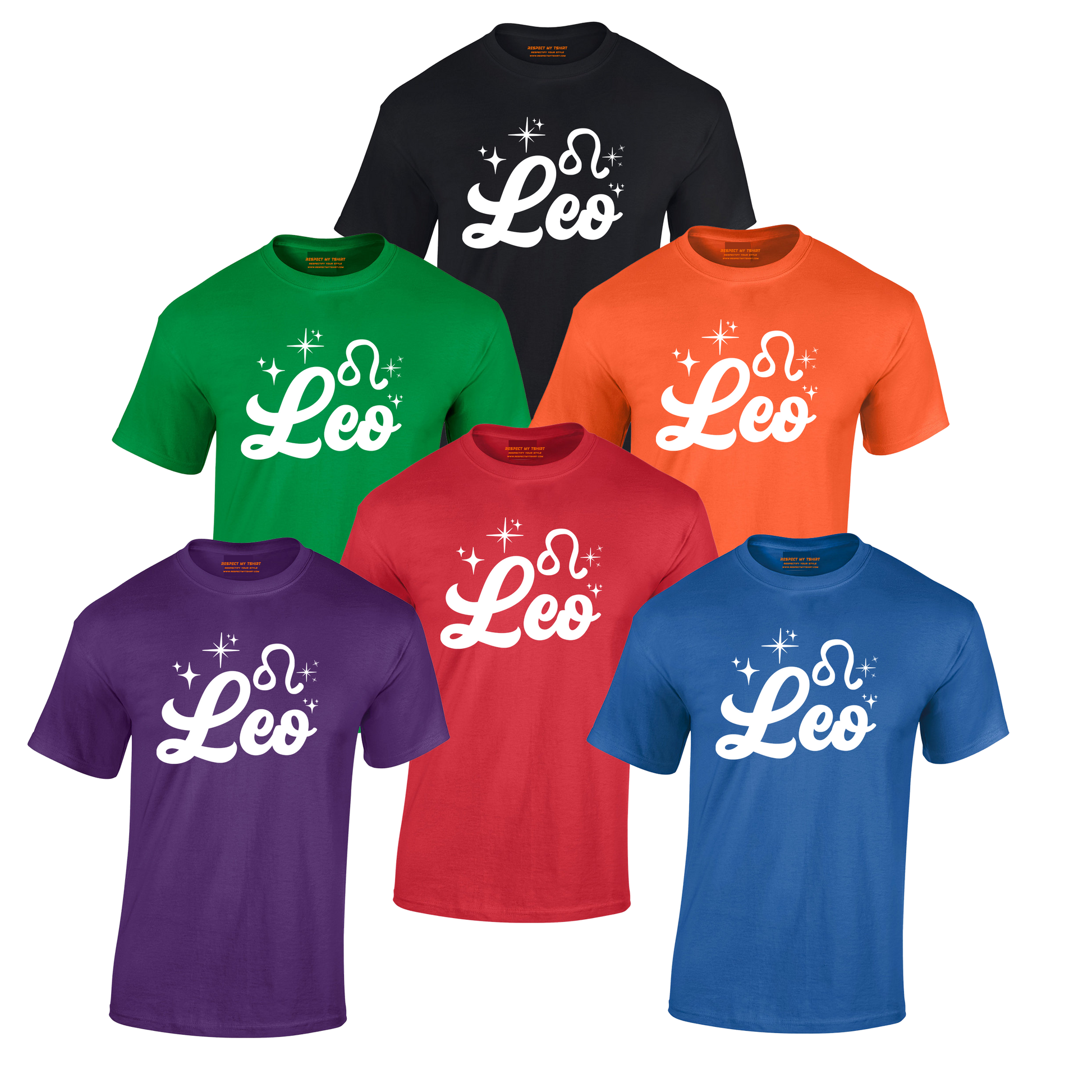Collection of Leo-themed t-shirts in various colors with white text design