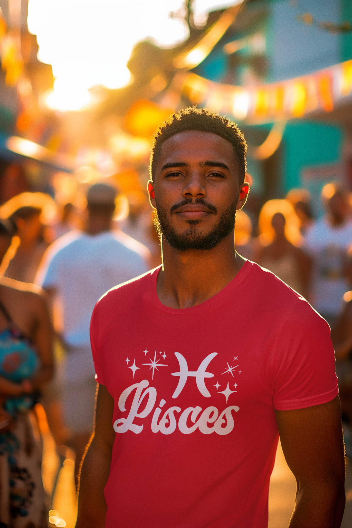 Man wearing a red 'Pisces' white text design t-shirt at a street festival