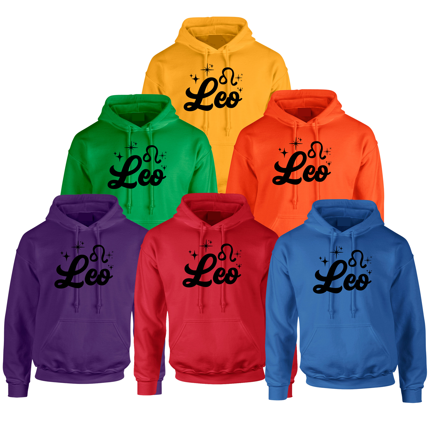Collection of colorful hoodies with 'Leo' black text 