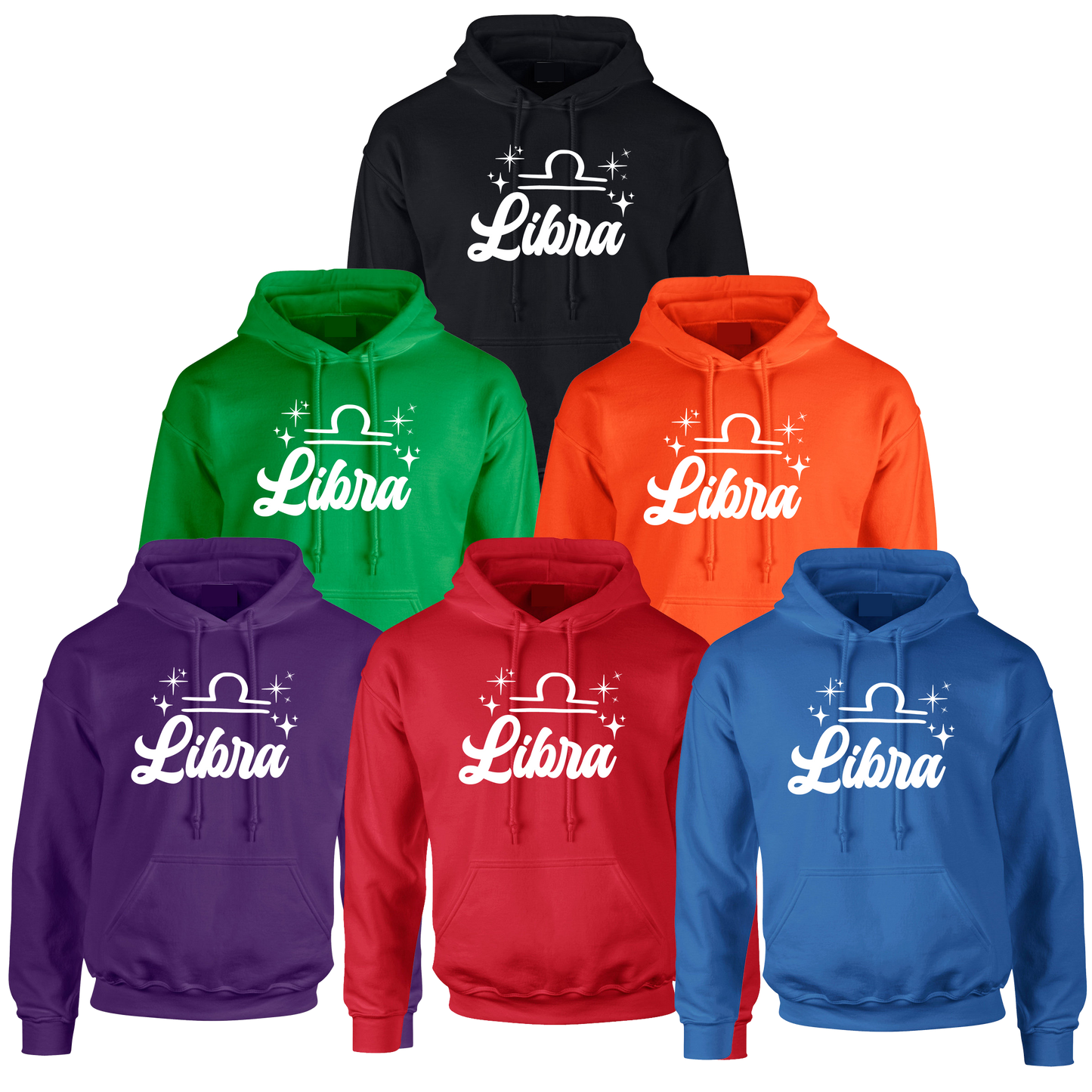 Collection of Libra-themed - white text design hoodies in various colors 