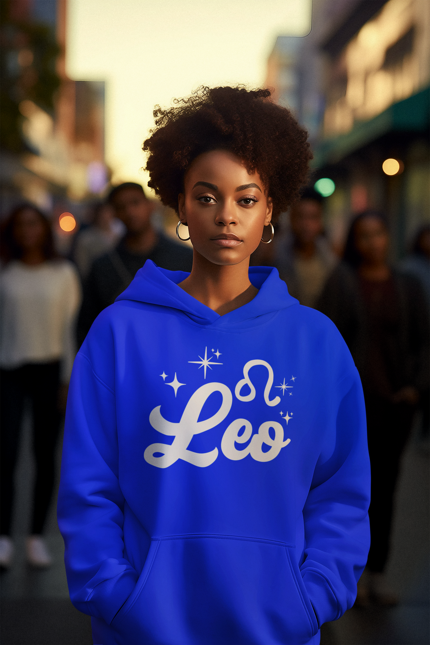 Person wearing a blue hoodie with 'Leo' white text design, standing in a city street.