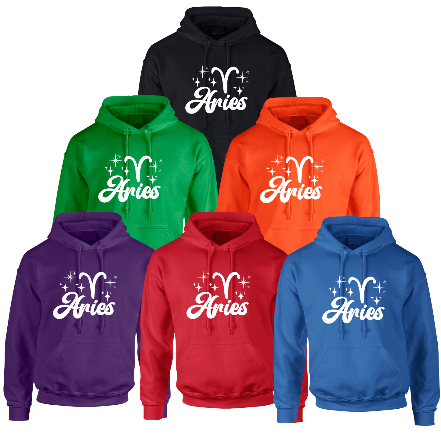 Collection of colorful hoodies with white 'Aries' text and zodiac symbol 