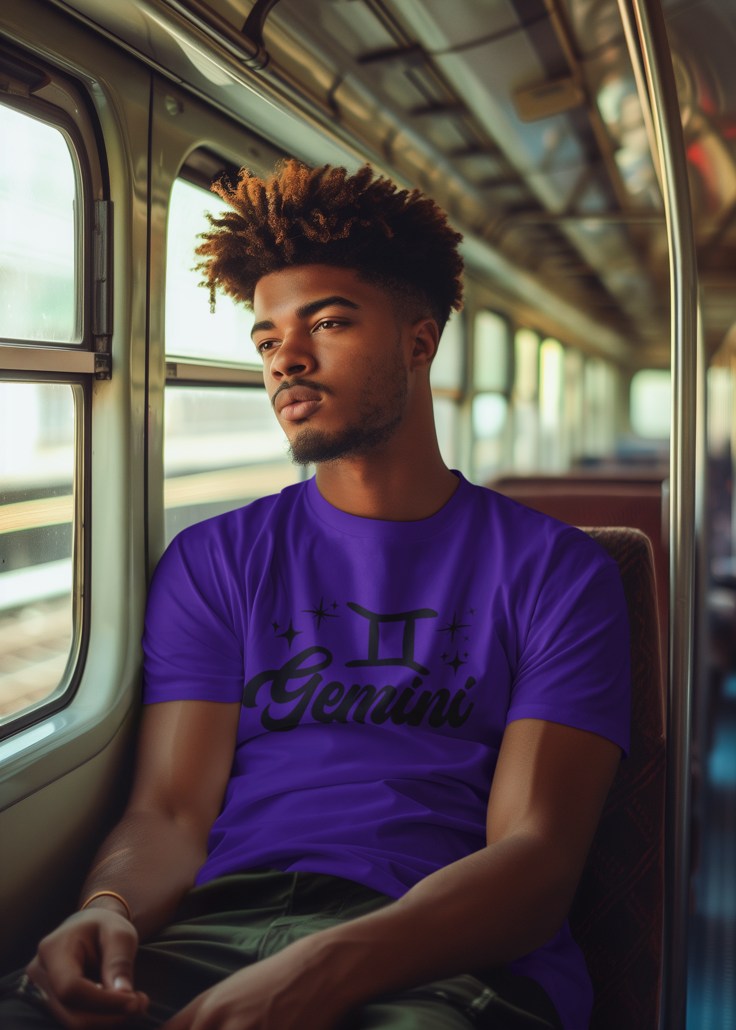 Man wearing a purple 'Gemini' black text design t-shirt on a train