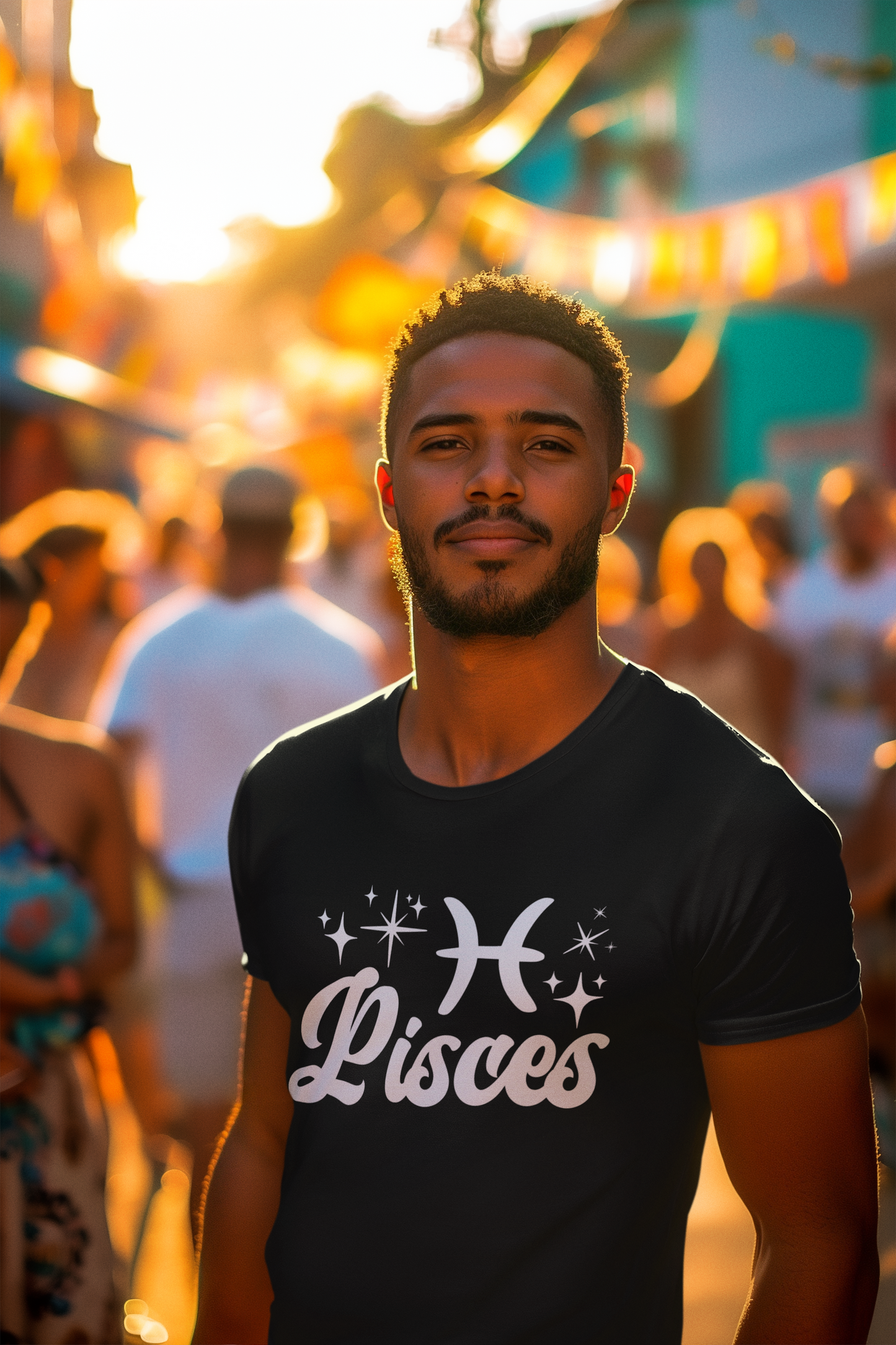 Man wearing a black 'Pisces' white text design t-shirt at a street festival
