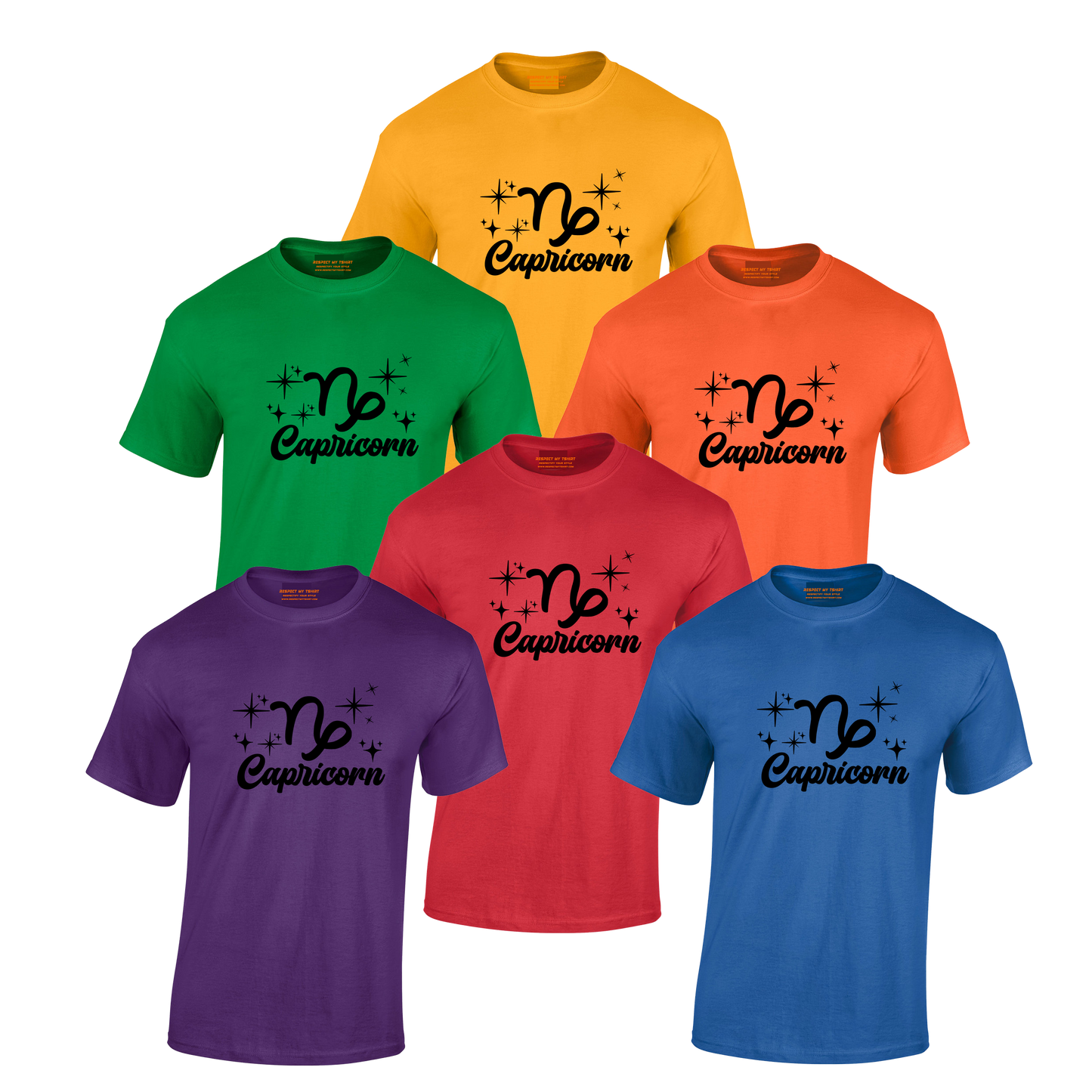 Collection of Capricorn-themed t-shirts in various colors, black text design