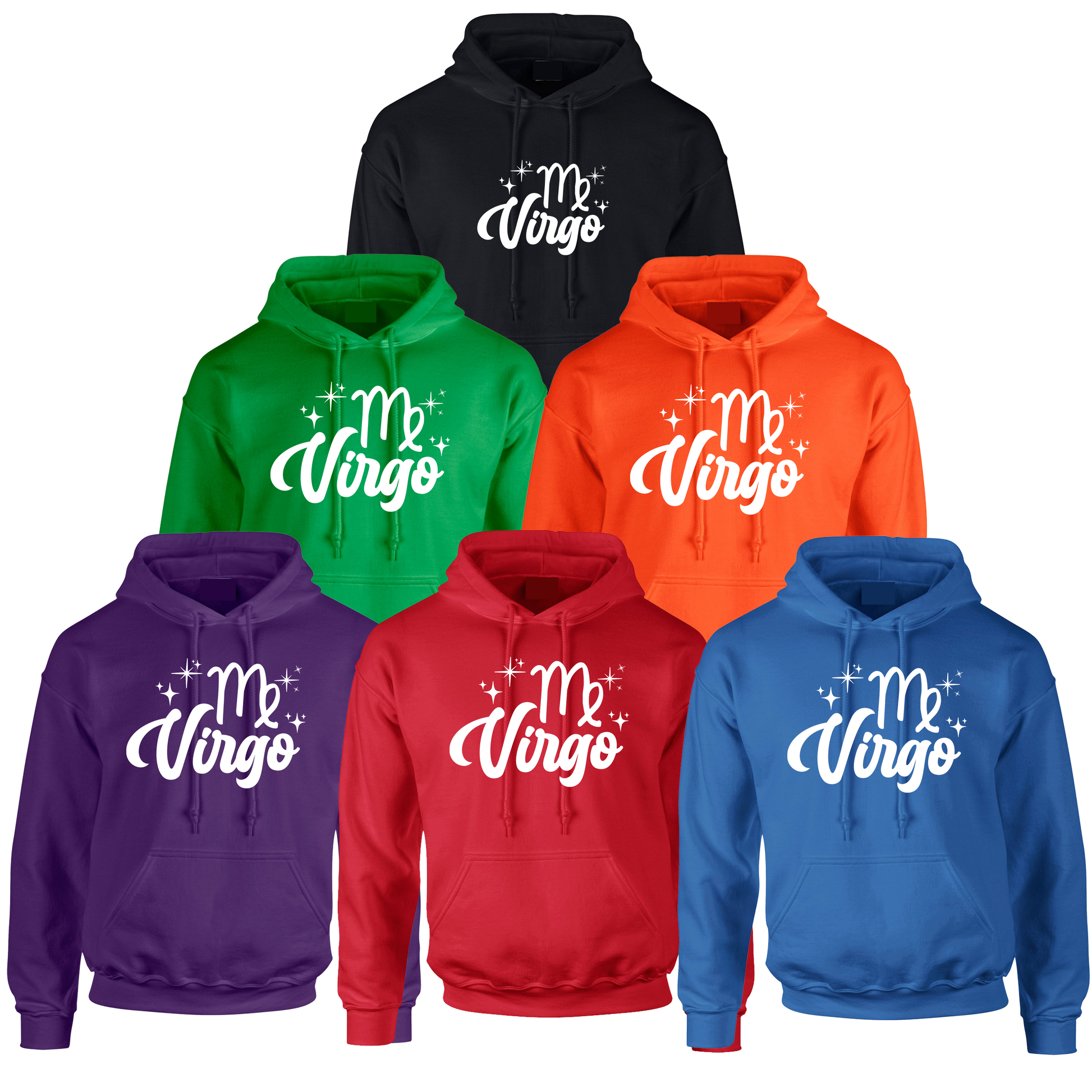 Set of six hoodies in different colors with 'Virgo' white text design