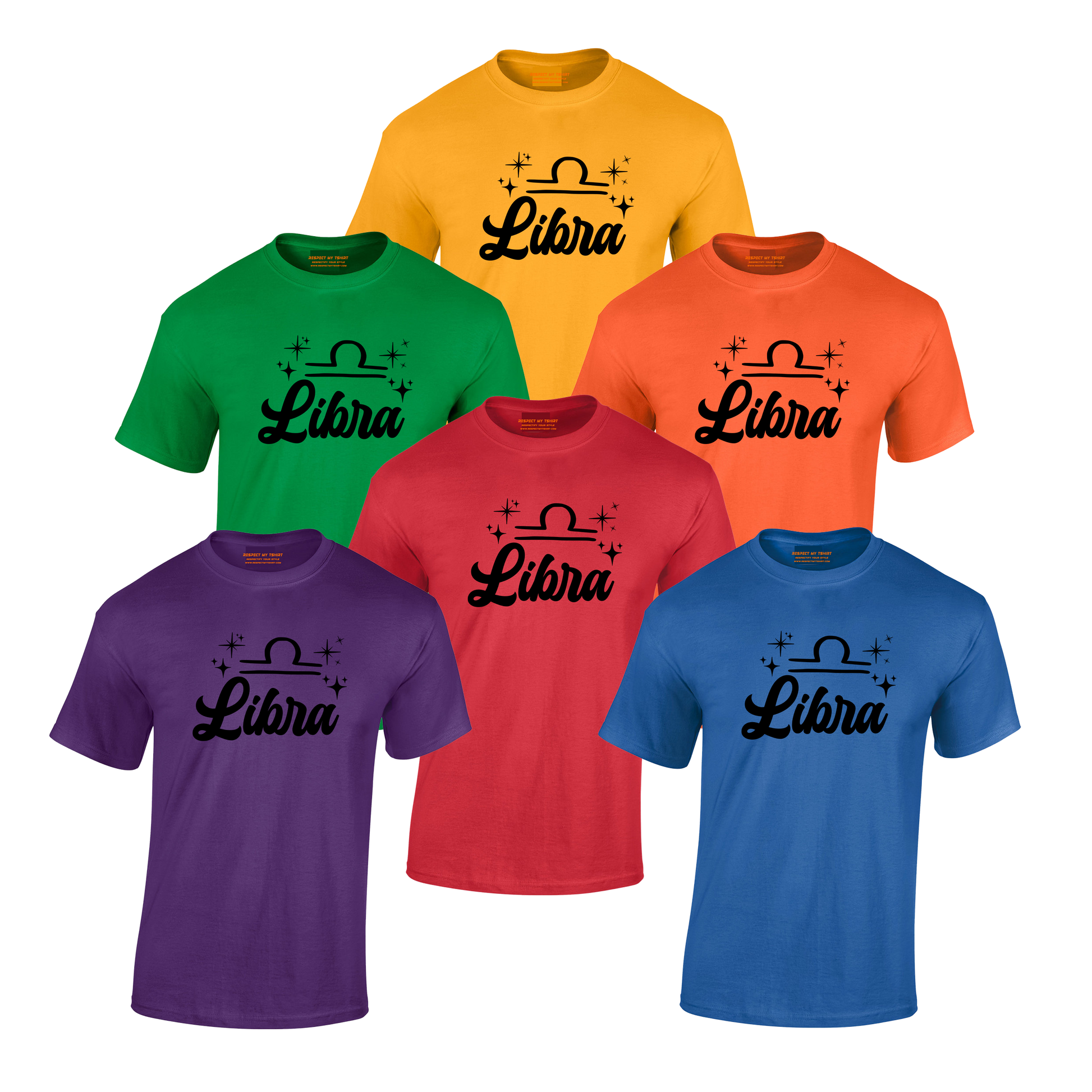 Set of six t-shirts in different colors with 'Libra' black text design