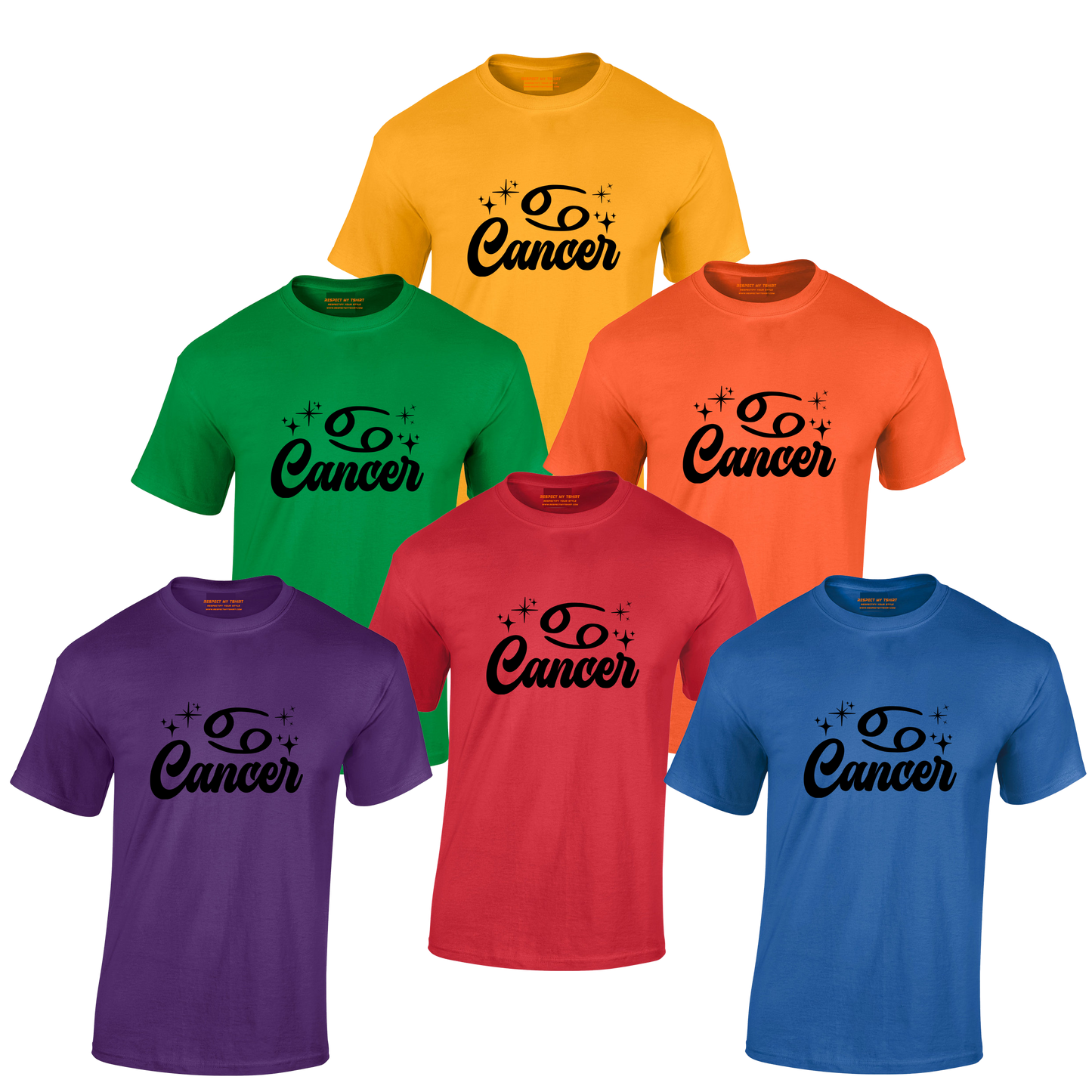 Set of six t-shirts in different colors with 'Cancer' black text design 