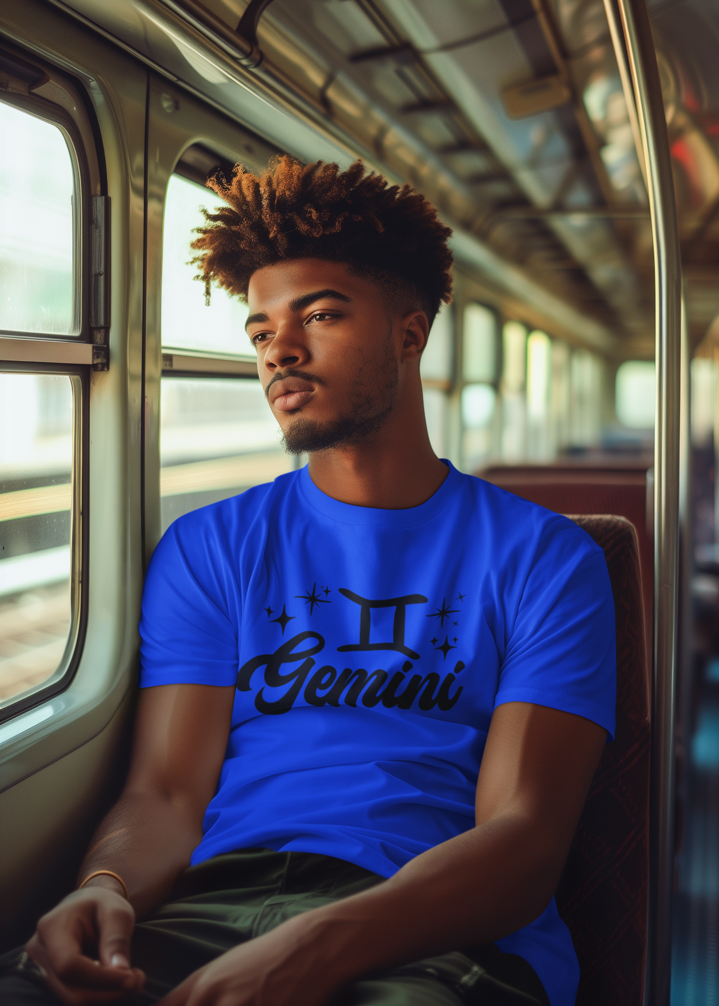 Man wearing a blue 'Gemini' black text design t-shirt on a train