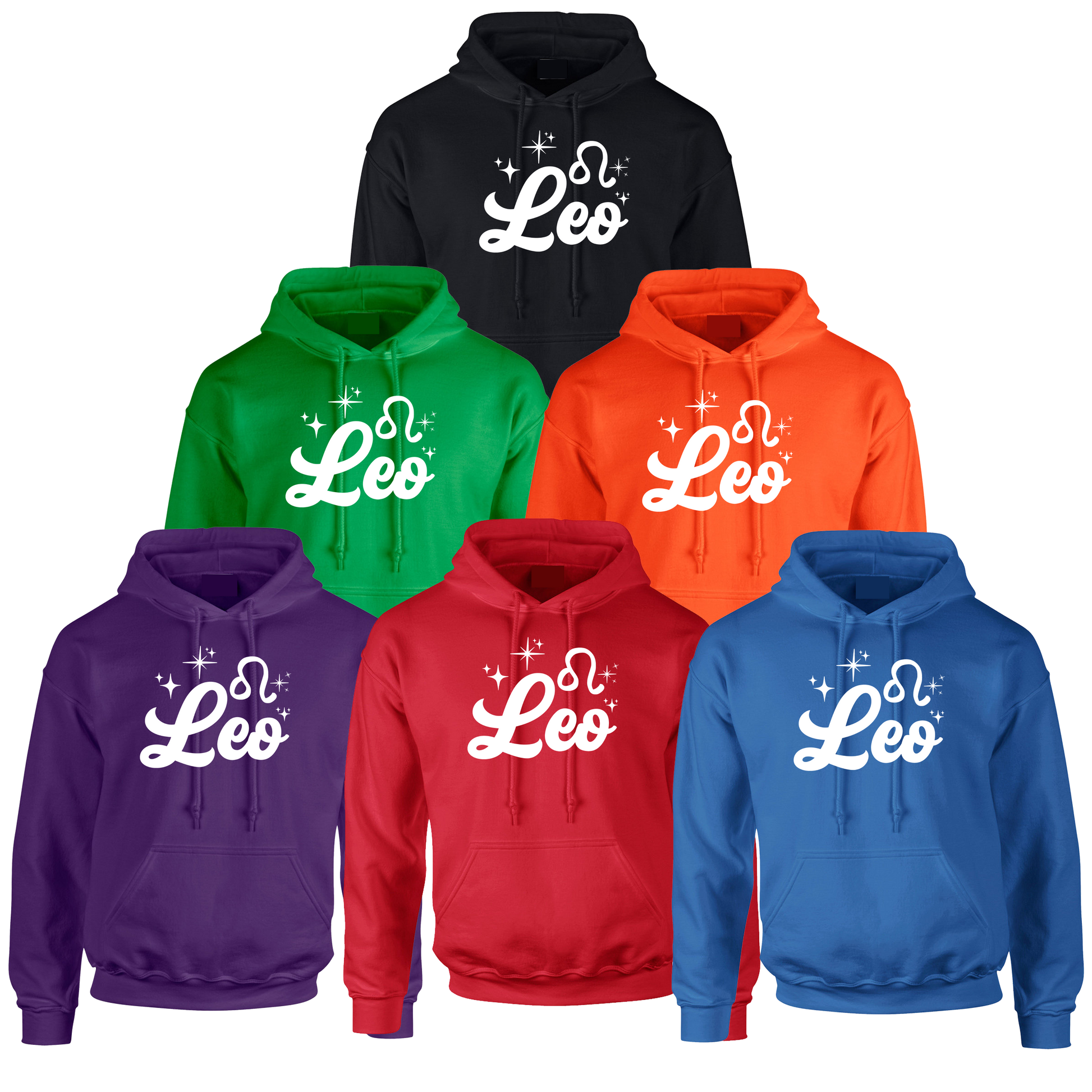 Collection of colorful hoodies with 'Leo' white text