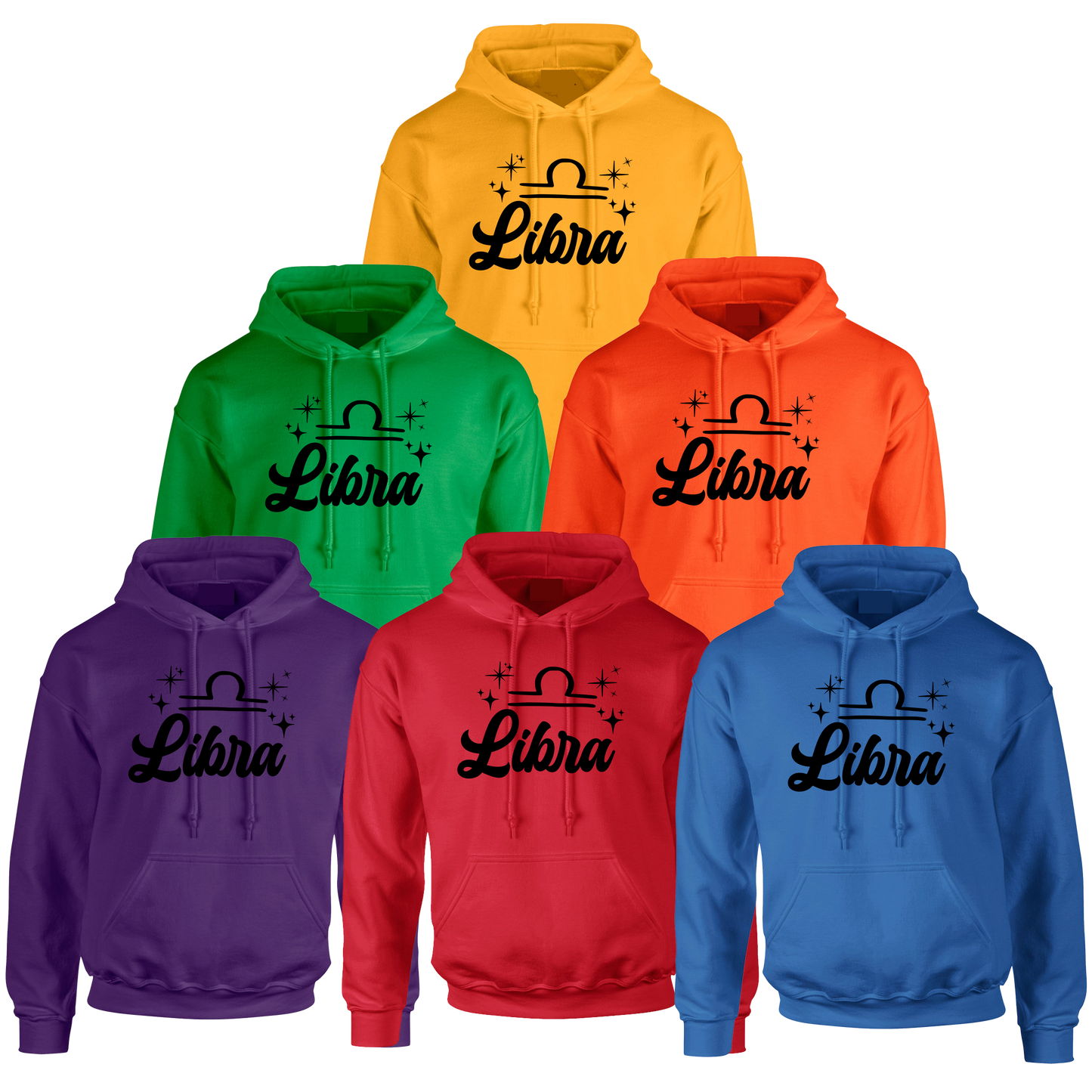 Collection of Libra-themed hoodies - black text design in various colors 