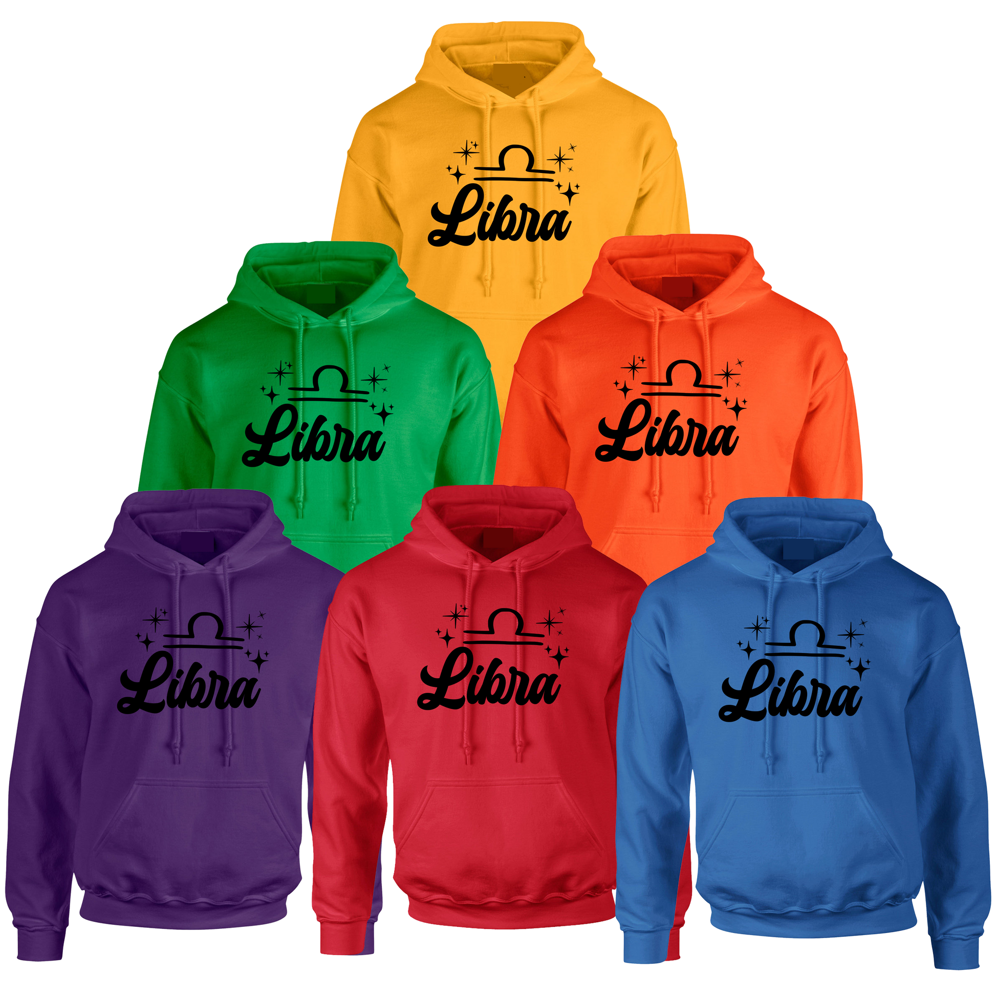 Collection of Libra-themed hoodies - black text design in various colors 