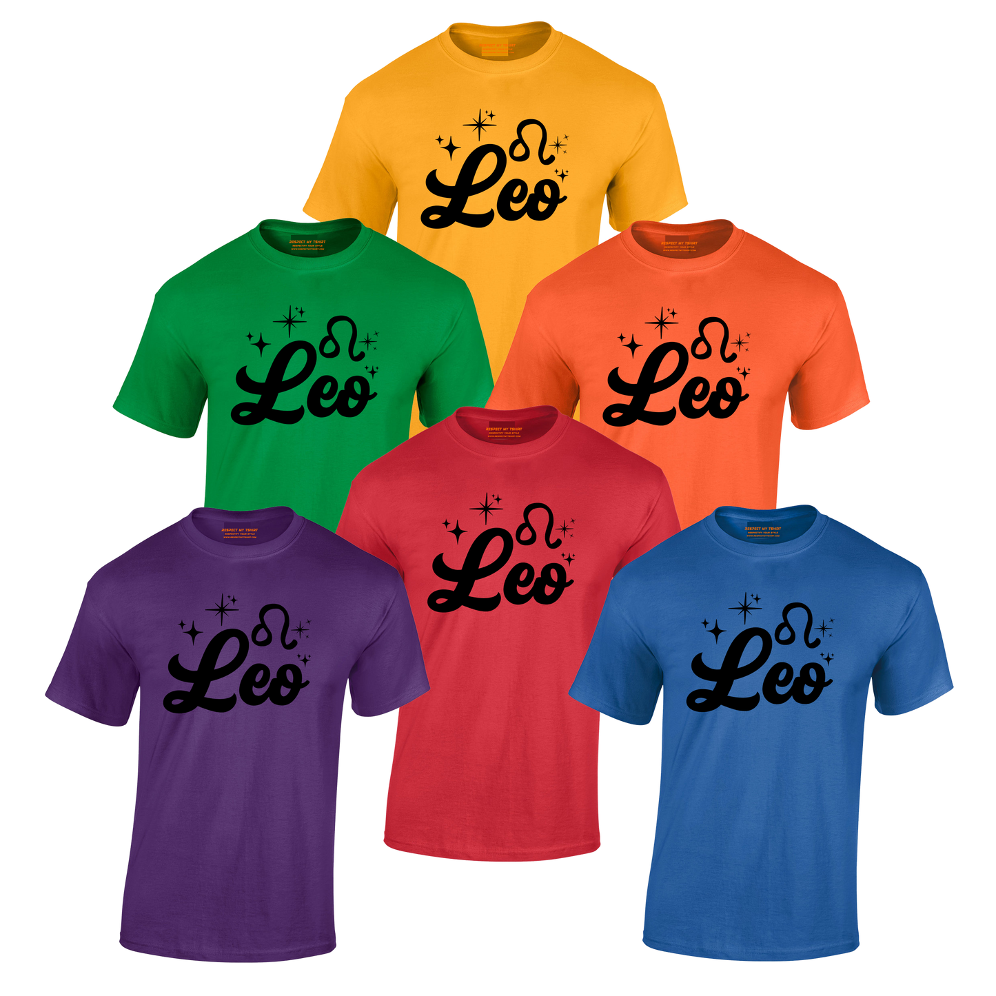 Collection of t-shirts in various colors with 'Leo' black text design.