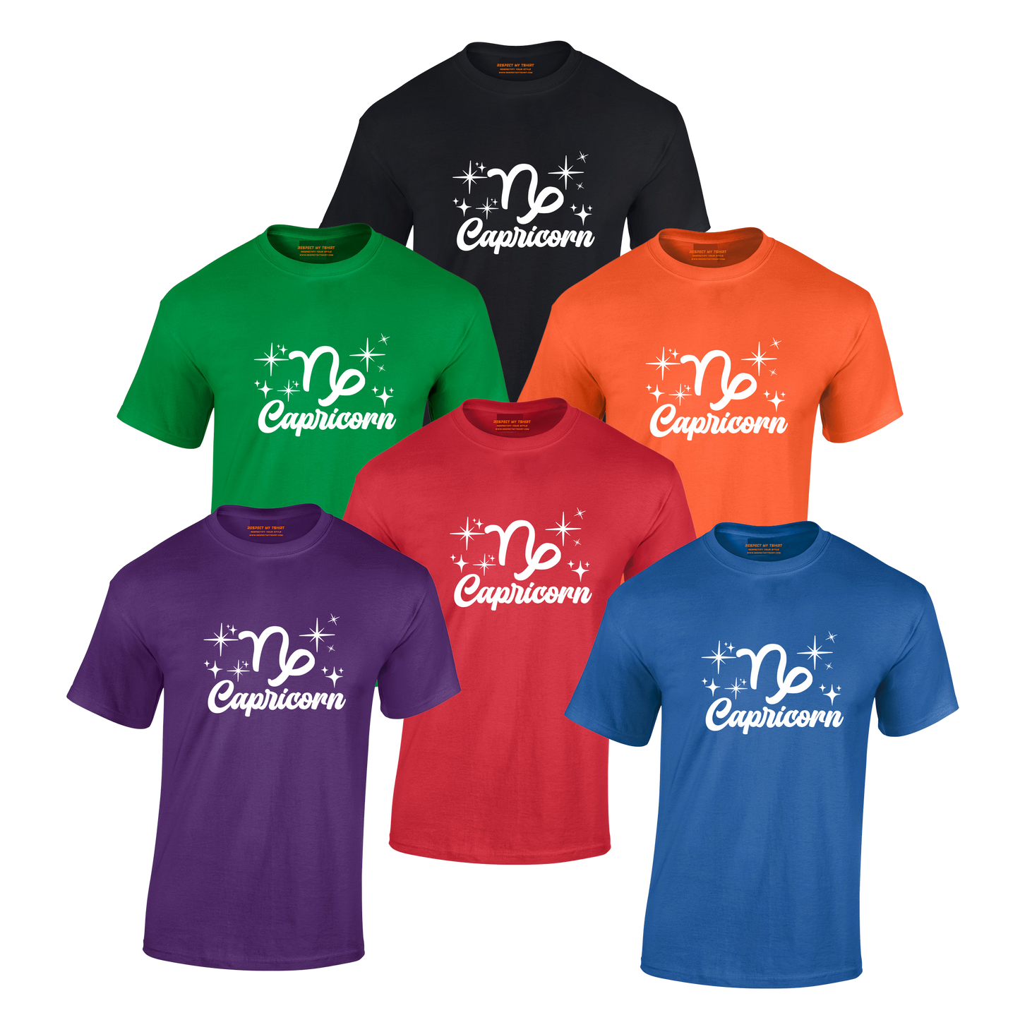 Collection of Capricorn-themed t-shirts in various colors, white text design