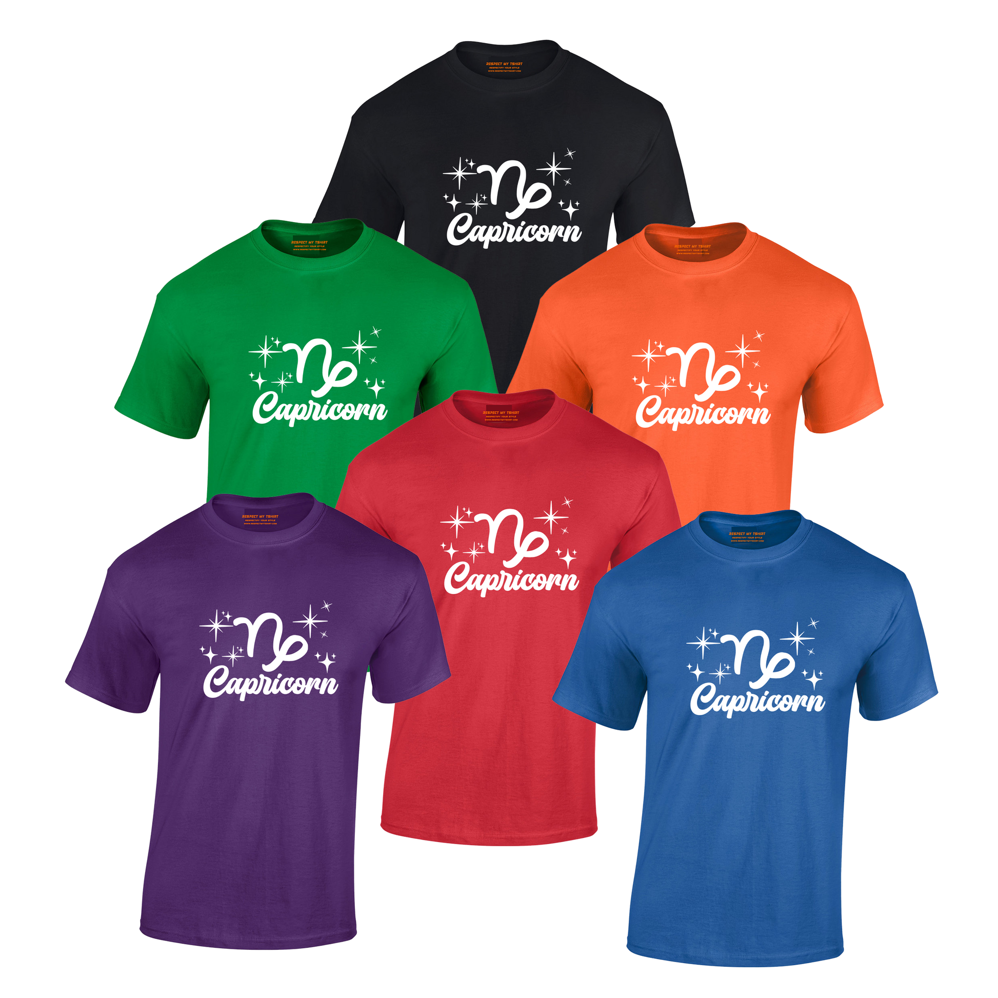 Collection of Capricorn-themed t-shirts in various colors, white text design