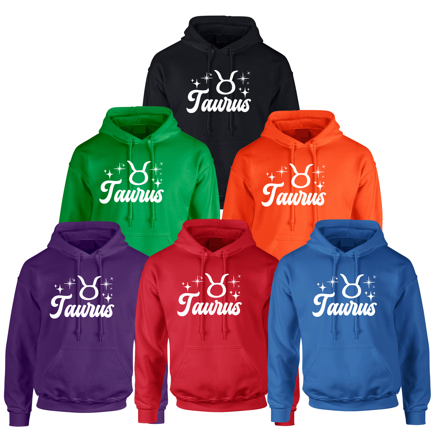 Collection of six hoodies in different colors with 'Taurus' white text design 