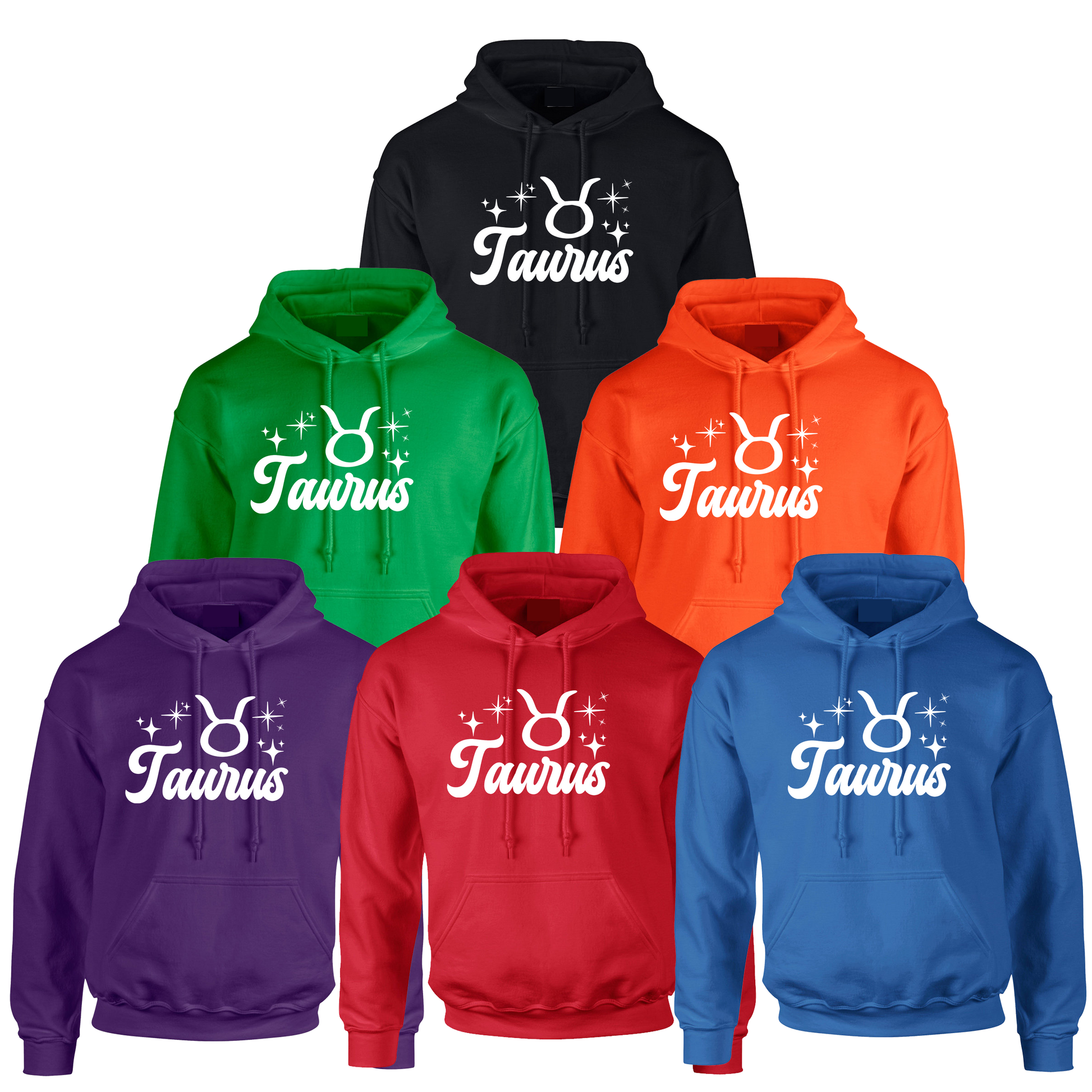 Collection of six hoodies in different colors with 'Taurus' white text design 