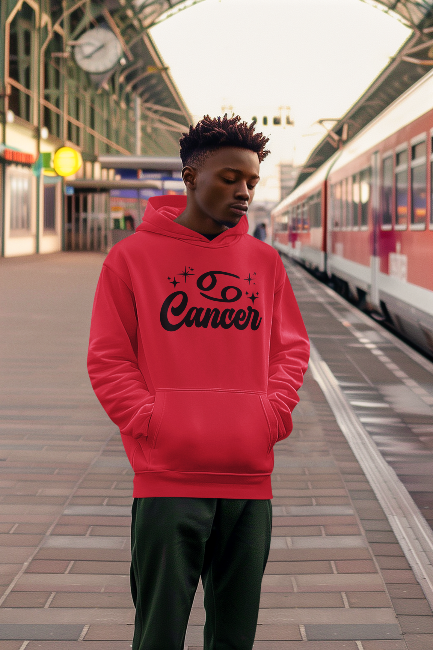 Person wearing an red hoodie with 'Leo Cancer' black text at a train station.