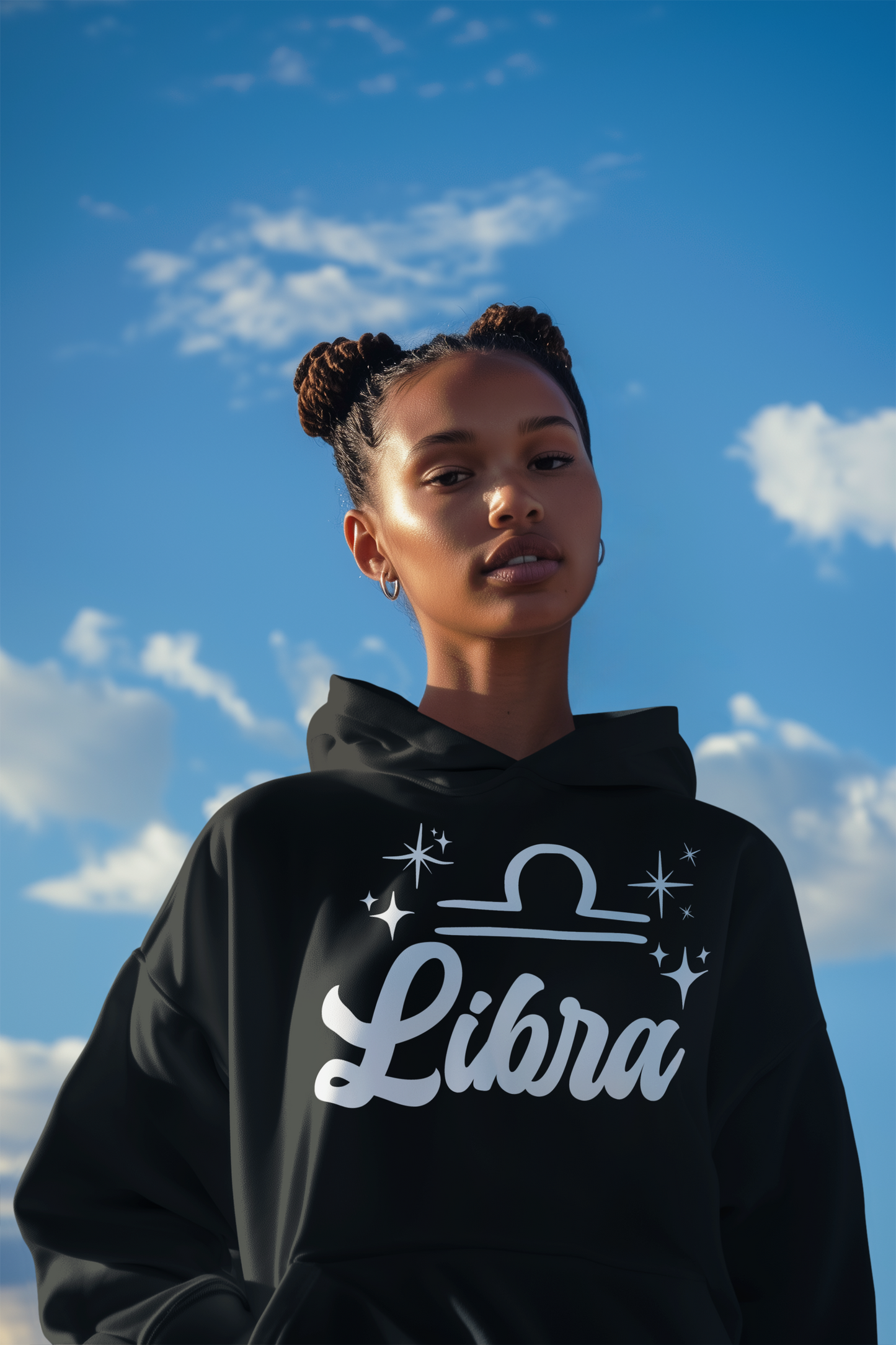 Person wearing a black 'Libra' hoodie - white text design against a blue sky with clouds