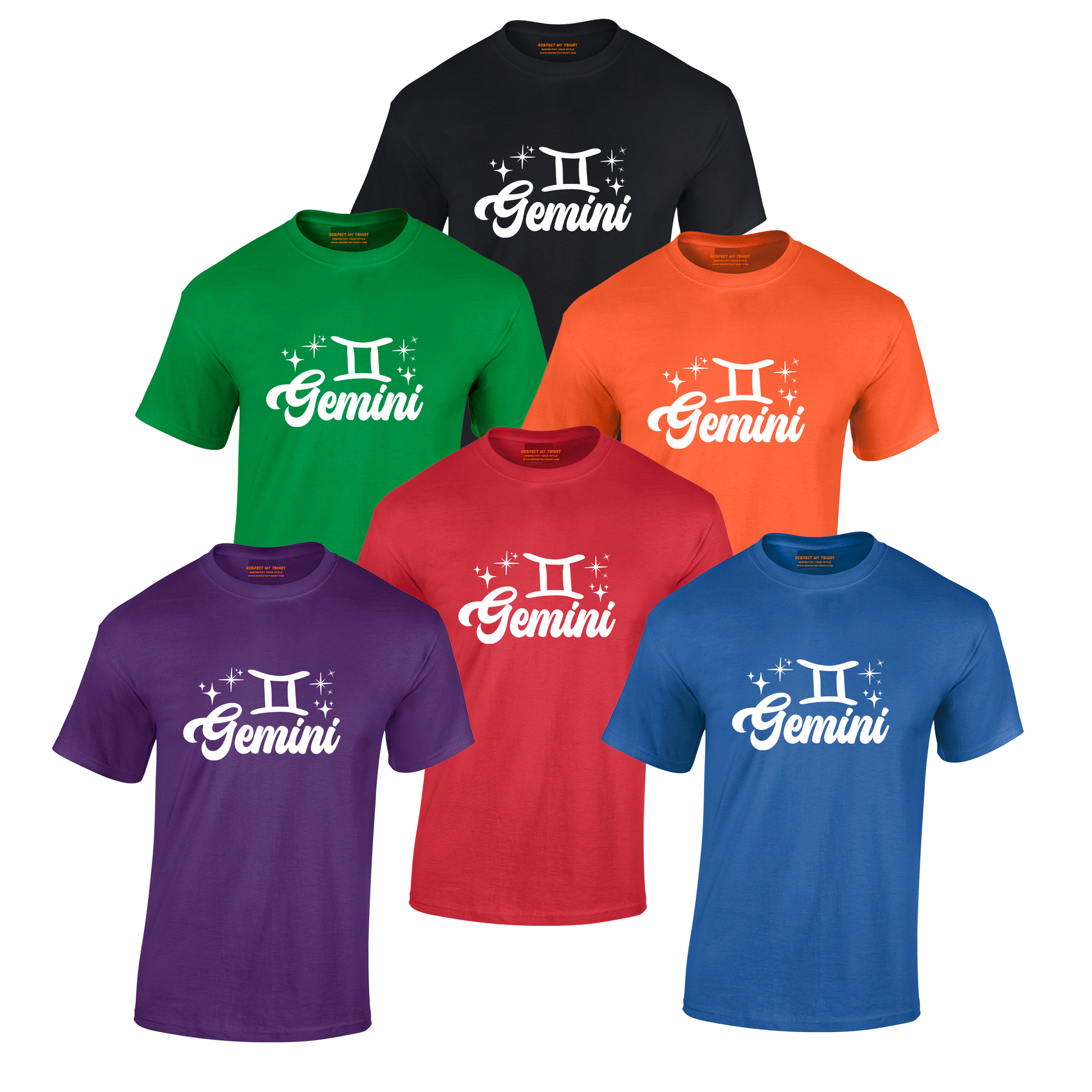 Collection of Gemini-themed t-shirts in various colors, white text design