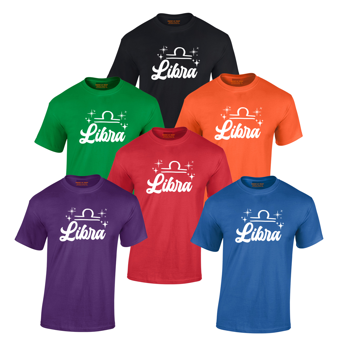 Collection of Libra-themed t-shirts in various colors on a white text design