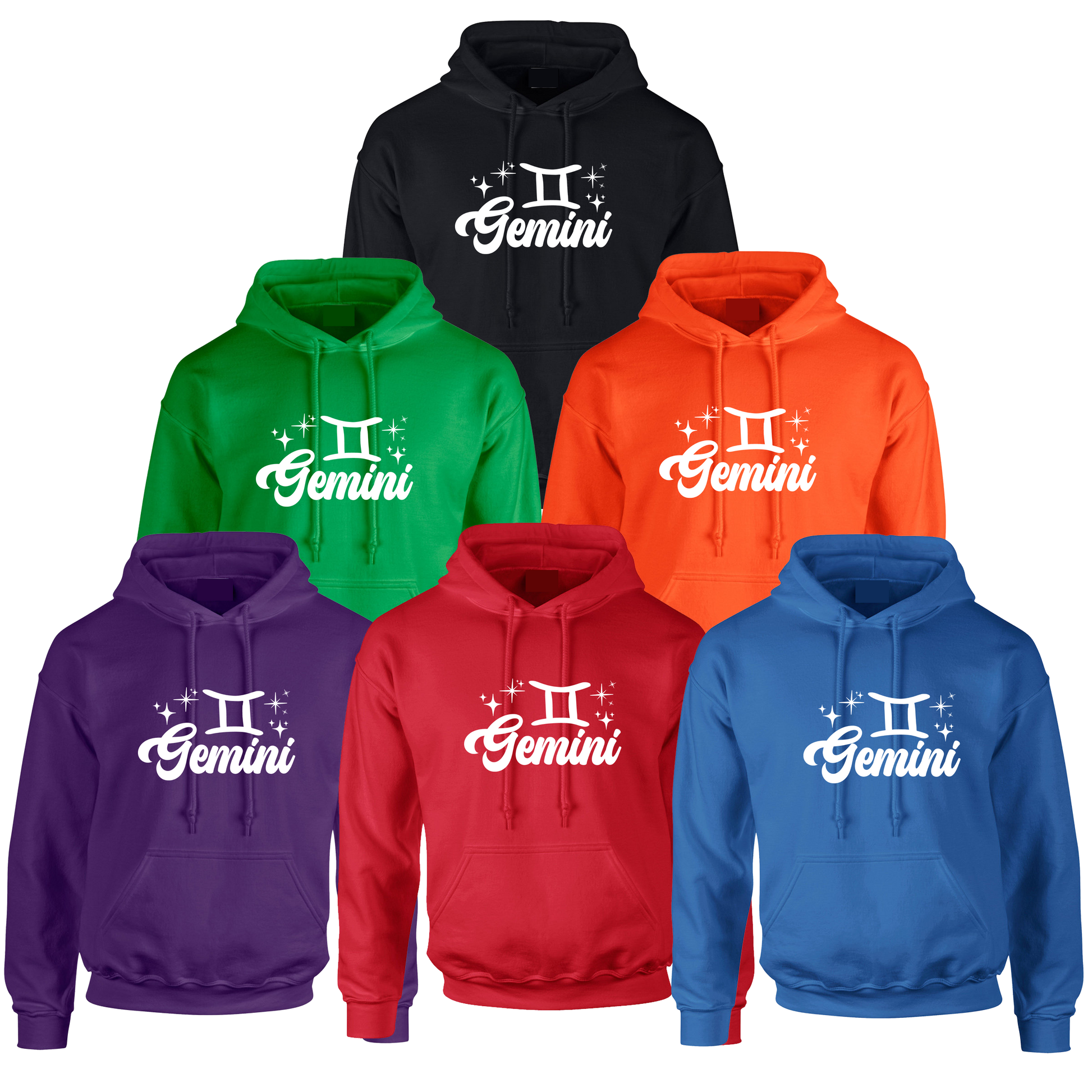 Collection of Gemini-themed hoodies in various colors with a white text design 